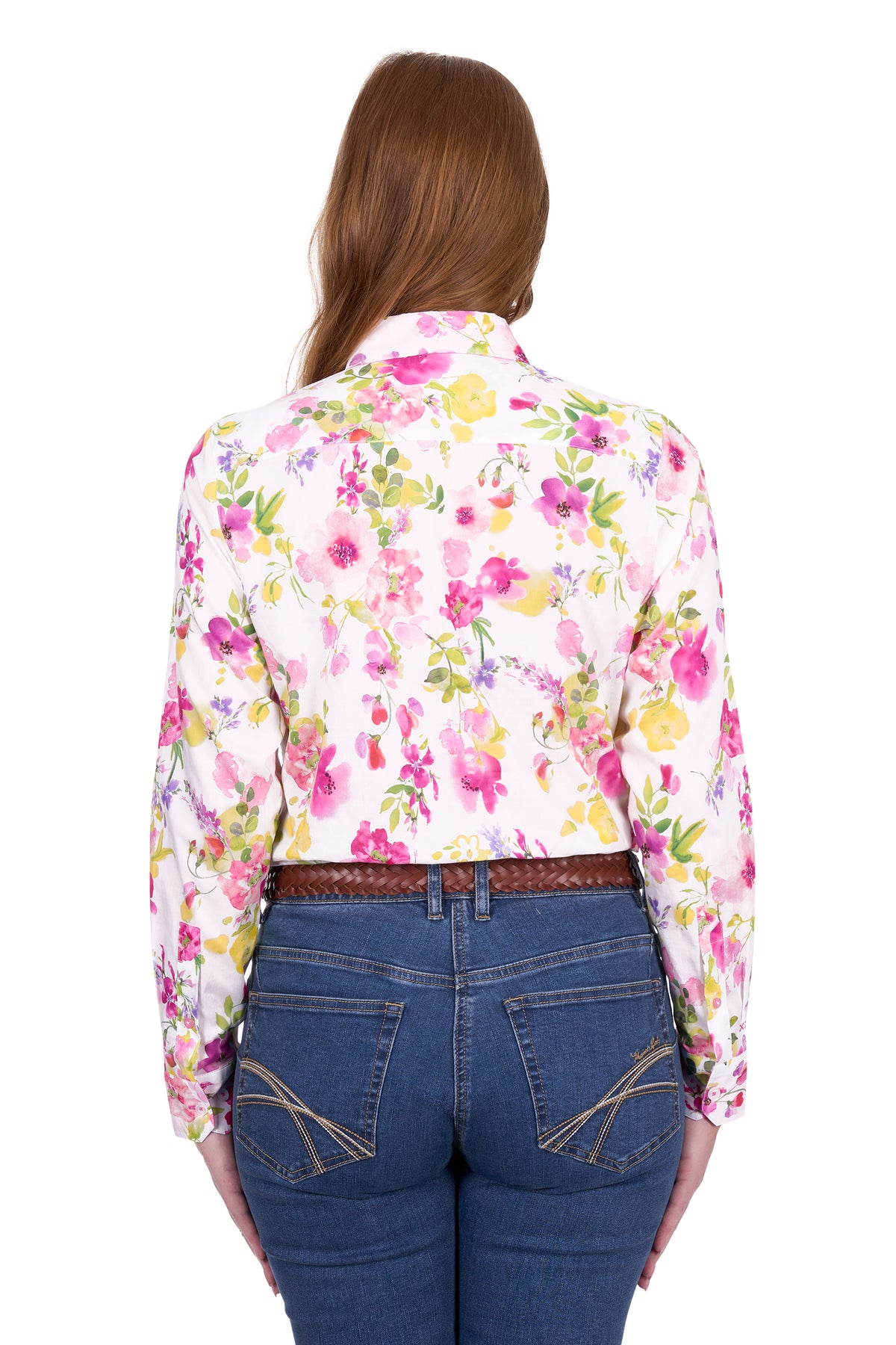 Thomas Cook Women's Mila L/S Western Shirt. Person wearing a floral shirt and jeans on a white background