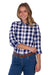 Woman wearing a Thomas Cook Women's Scarlet L/S Western Shirt. Bblue and white checkered shirt with jeans on a white background