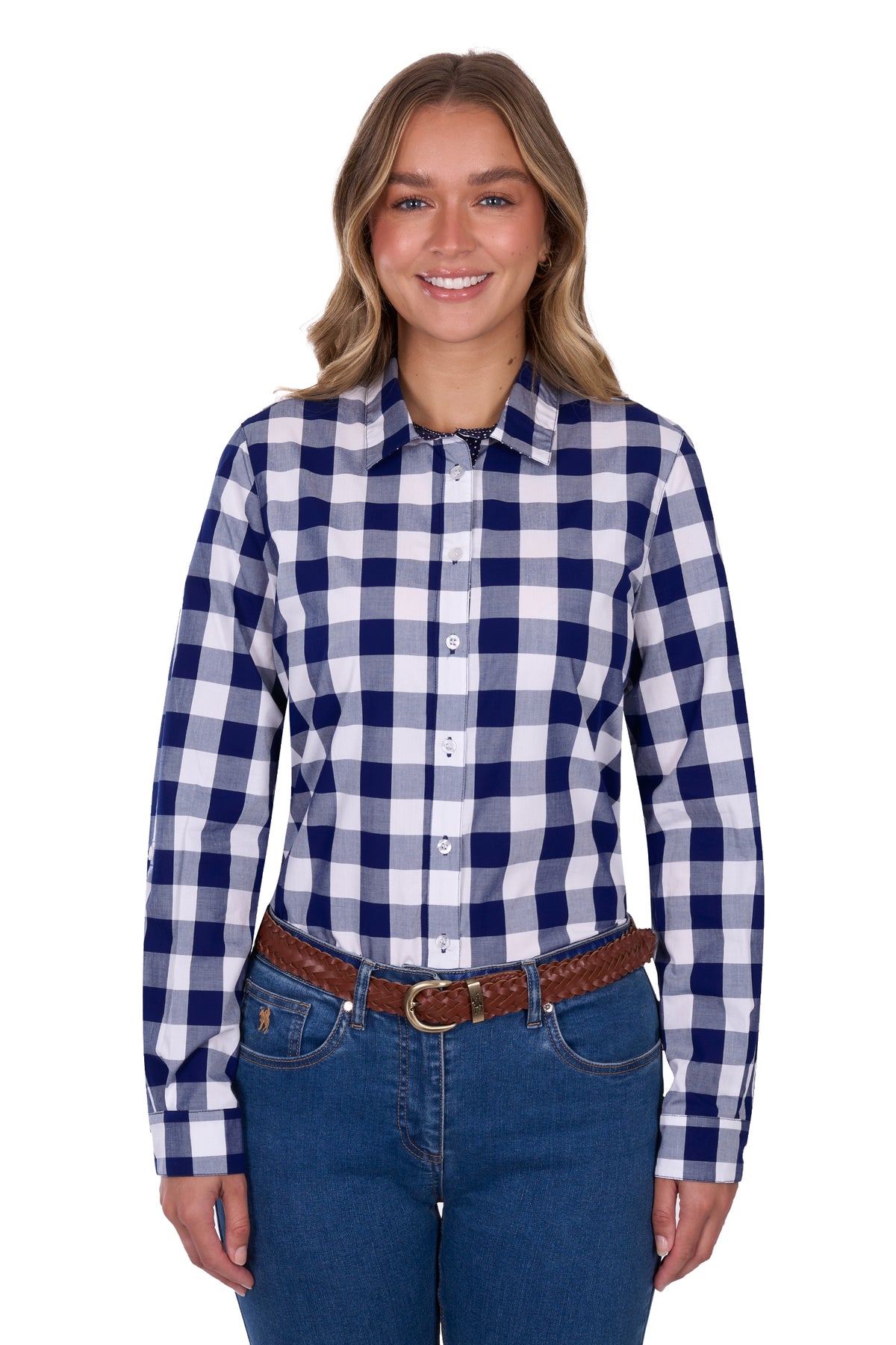 Woman wearing a Thomas Cook Women's Scarlet L/S Western Shirt. Bblue and white checkered shirt with jeans on a white background