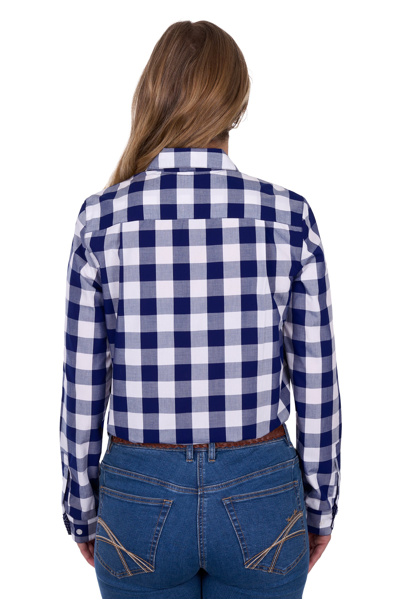 Rear view of a woman wearing a Thomas Cook Women's Scarlet L/S Western Shirt. Bblue and white checkered shirt with jeans on a white background