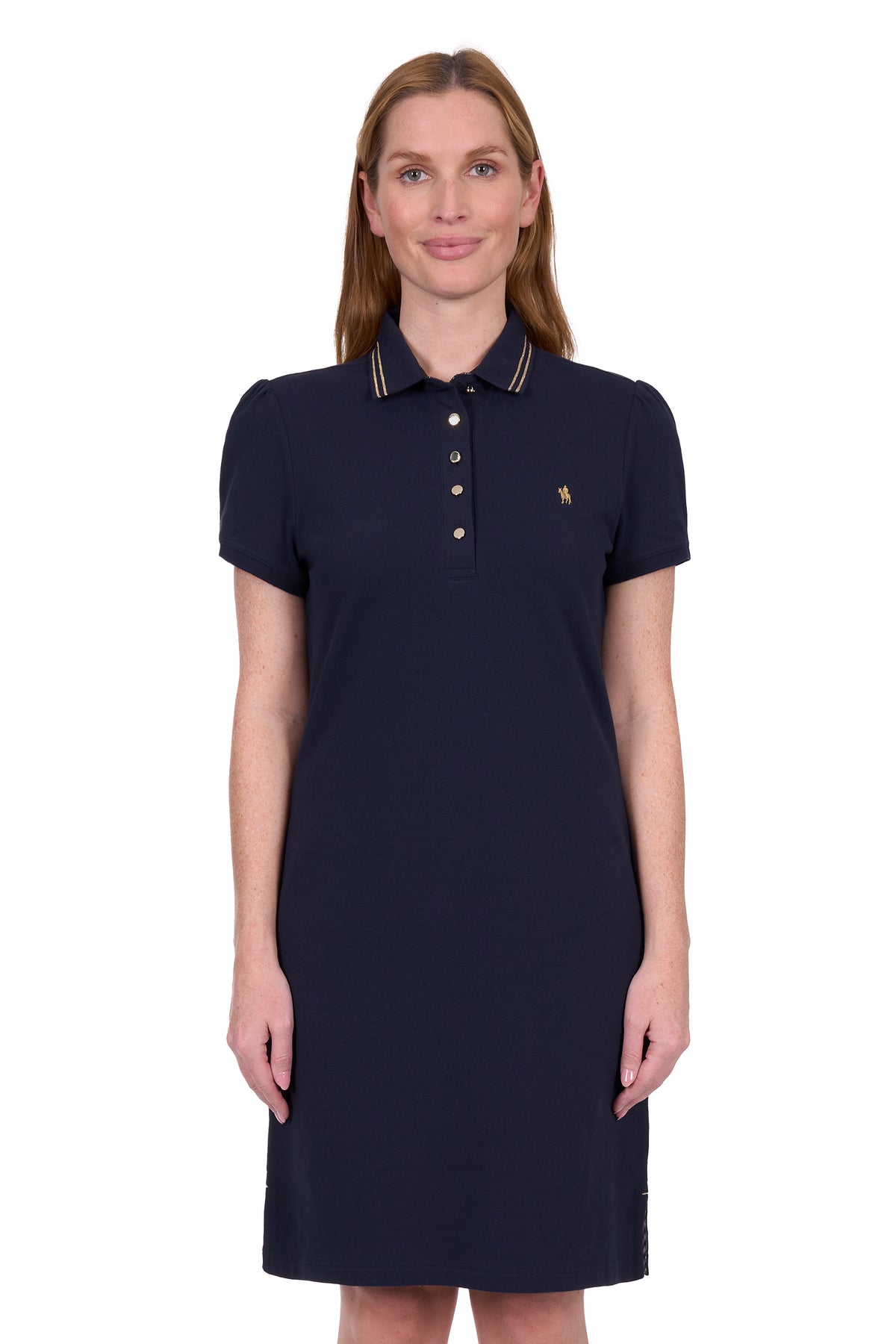 Woman wearing a Thomas Cook Women&#39;s Traci S/S Polo Dres. Navy blue polo dress with a small logo on a white background
