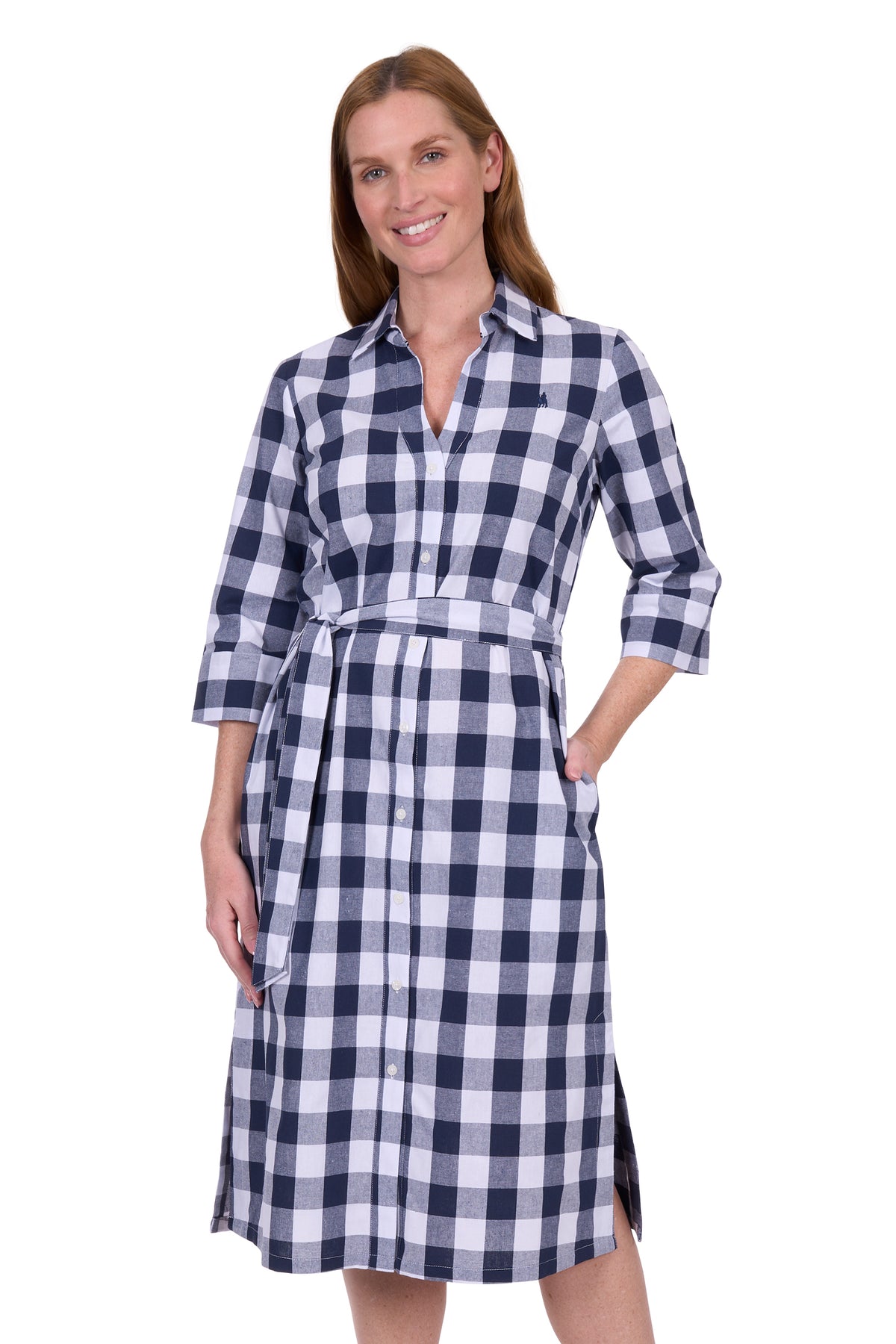 Thomas Cook Women&#39;s Bella Shirt Dress. Woman wearing a blue and white checkered dress on a white background