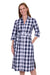 Thomas Cook Women's Bella Shirt Dress. Woman wearing a blue and white checkered dress on a white background
