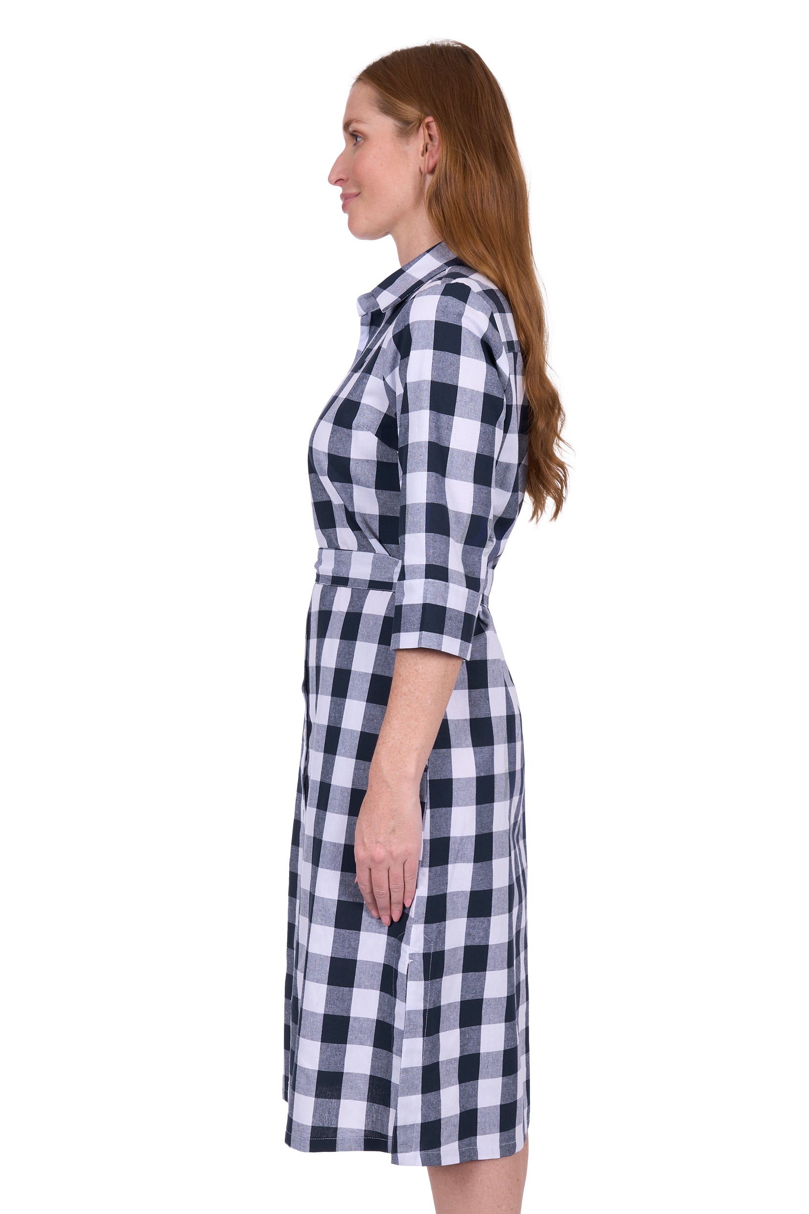 Thomas Cook Women's Bella Shirt Dress. Woman wearing a black and white checkered dress on a white background
