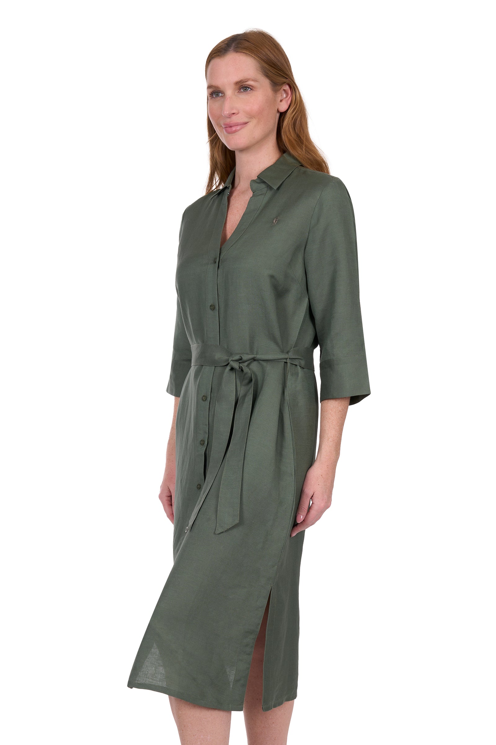 Thomas Cook Women's Sasha Shirt Dress. Woman wearing a green dress with a belt on a white background