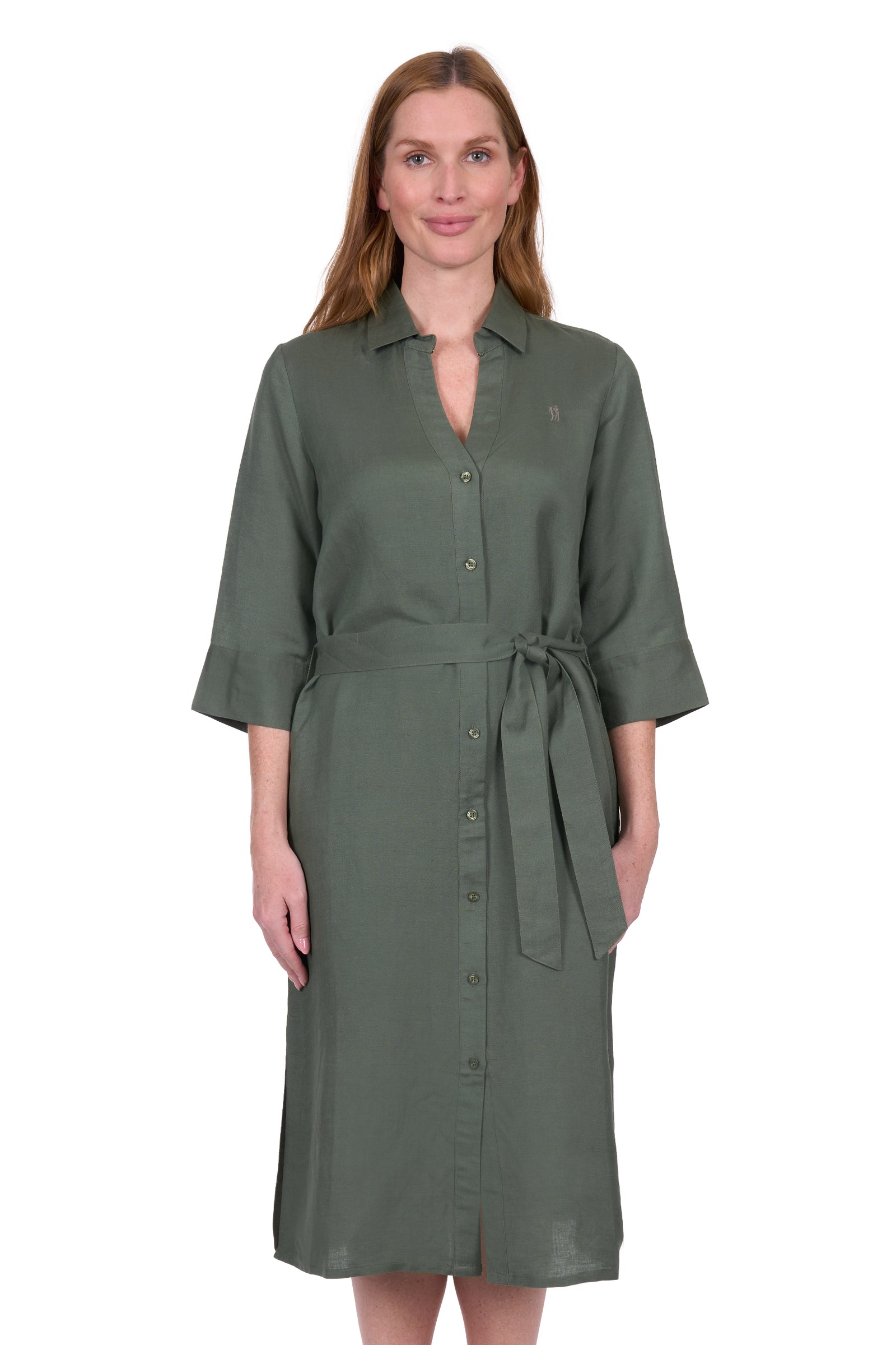 Thomas Cook Women's Sasha Shirt Dress. Woman wearing a green dress with a belt on a white background