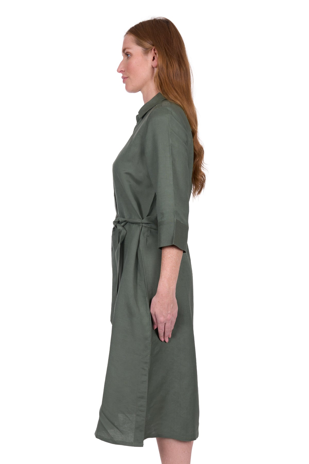 Thomas Cook Women's Sasha Shirt Dress. Woman wearing a green dress with a belt on a white background