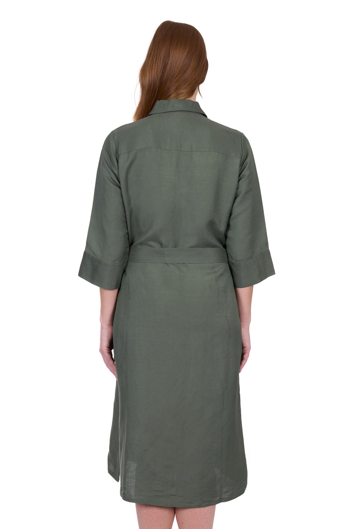 Thomas Cook Women's Sasha Shirt Dress. Green dress worn by a model on a white background