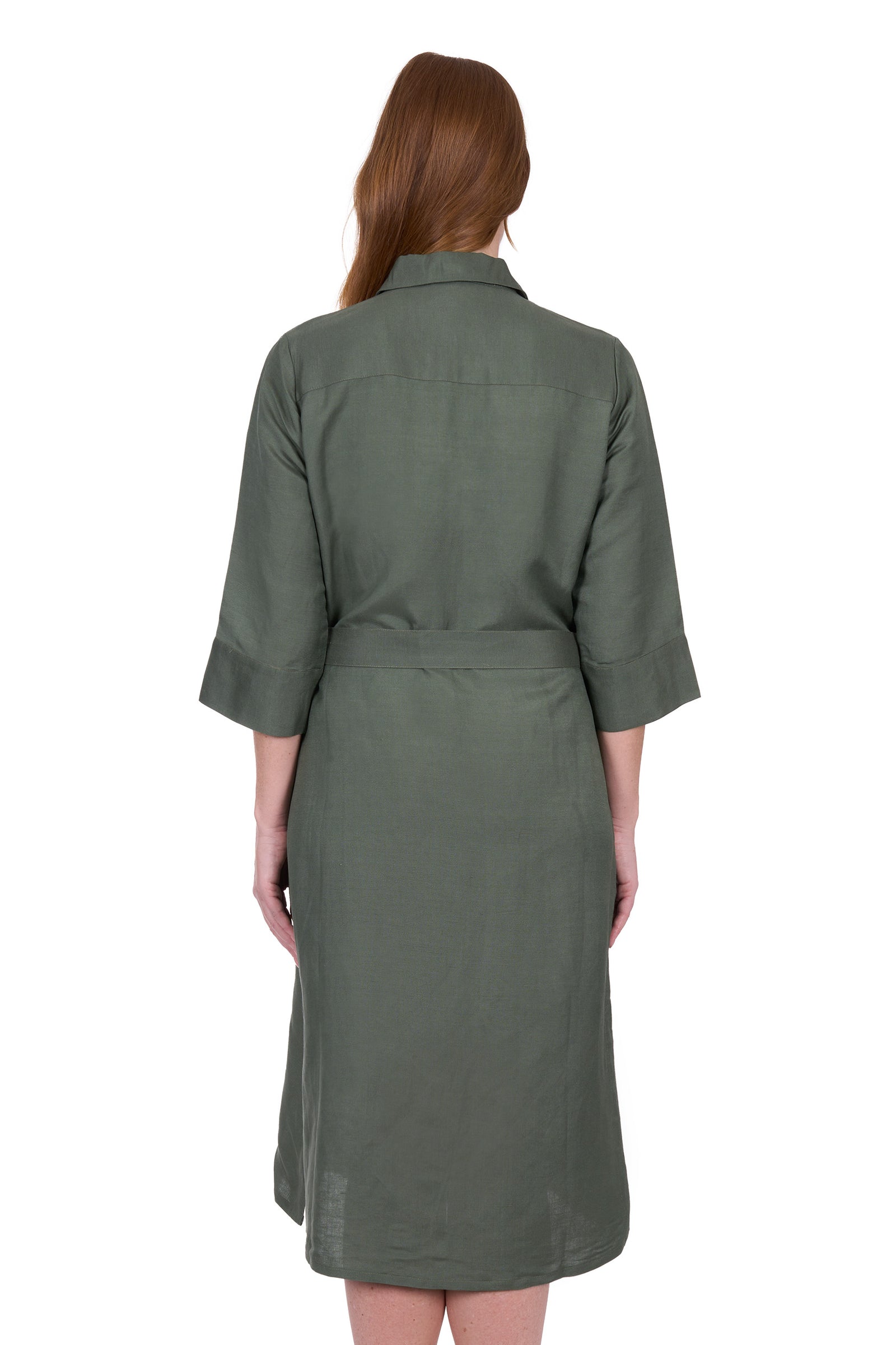 Thomas Cook Women's Sasha Shirt Dress. Green dress worn by a model on a white background