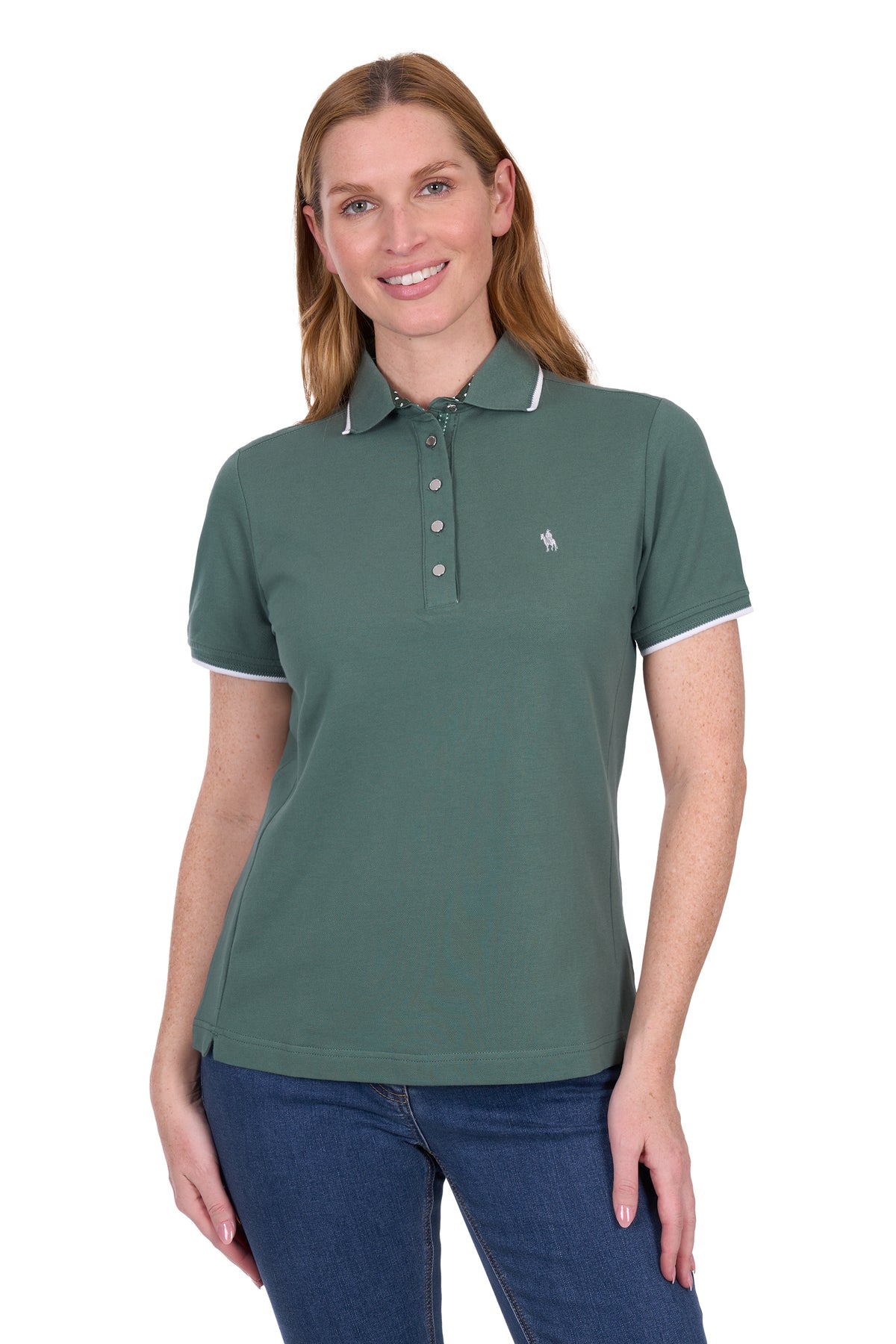 Woman wearing a Thomas Cook Women&#39;s Michelle S/S Polo. Khaki polo shirt with a small logo on a white background