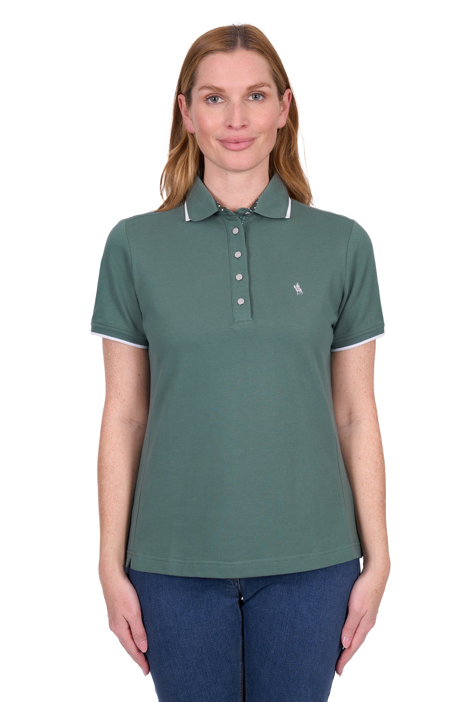 Woman wearing a Thomas Cook Women's Michelle S/S Polo. Khaki polo shirt with a small logo on a white background