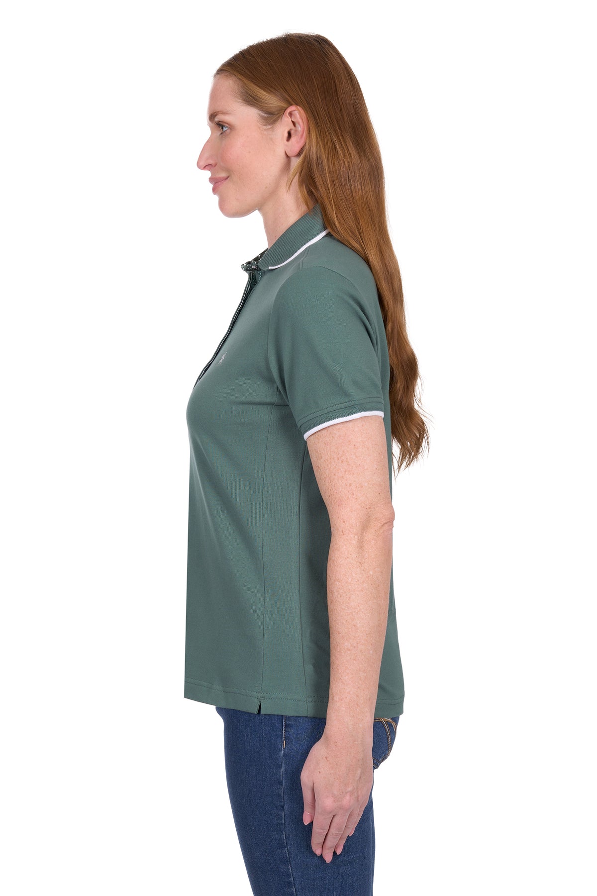 Side view of a woman wearing a Thomas Cook Women's Michelle S/S Polo. Khaki polo shirt with a small logo on a white background