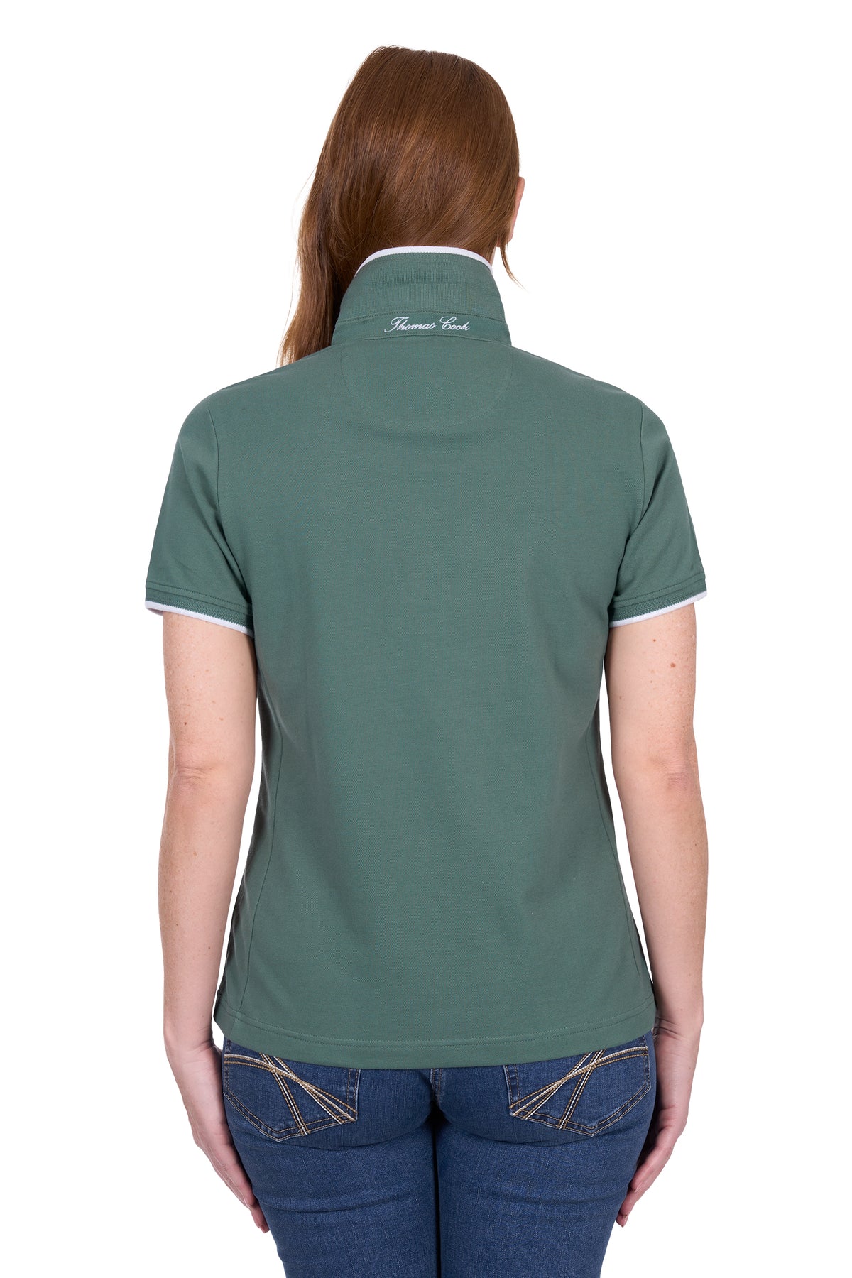 Rear view of a woman wearing a Thomas Cook Women's Michelle S/S Polo. Khaki polo shirt with a small logo on a white background