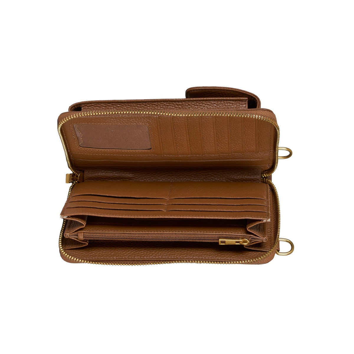 Thomas Cook Felicia Wallet Bag. Brown leather wallet open on a white background