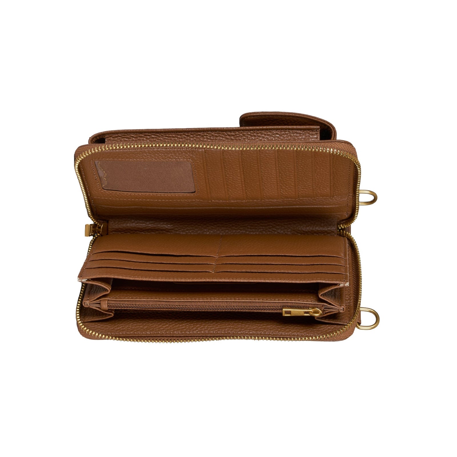 Thomas Cook Felicia Wallet Bag. Brown leather wallet open on a white background