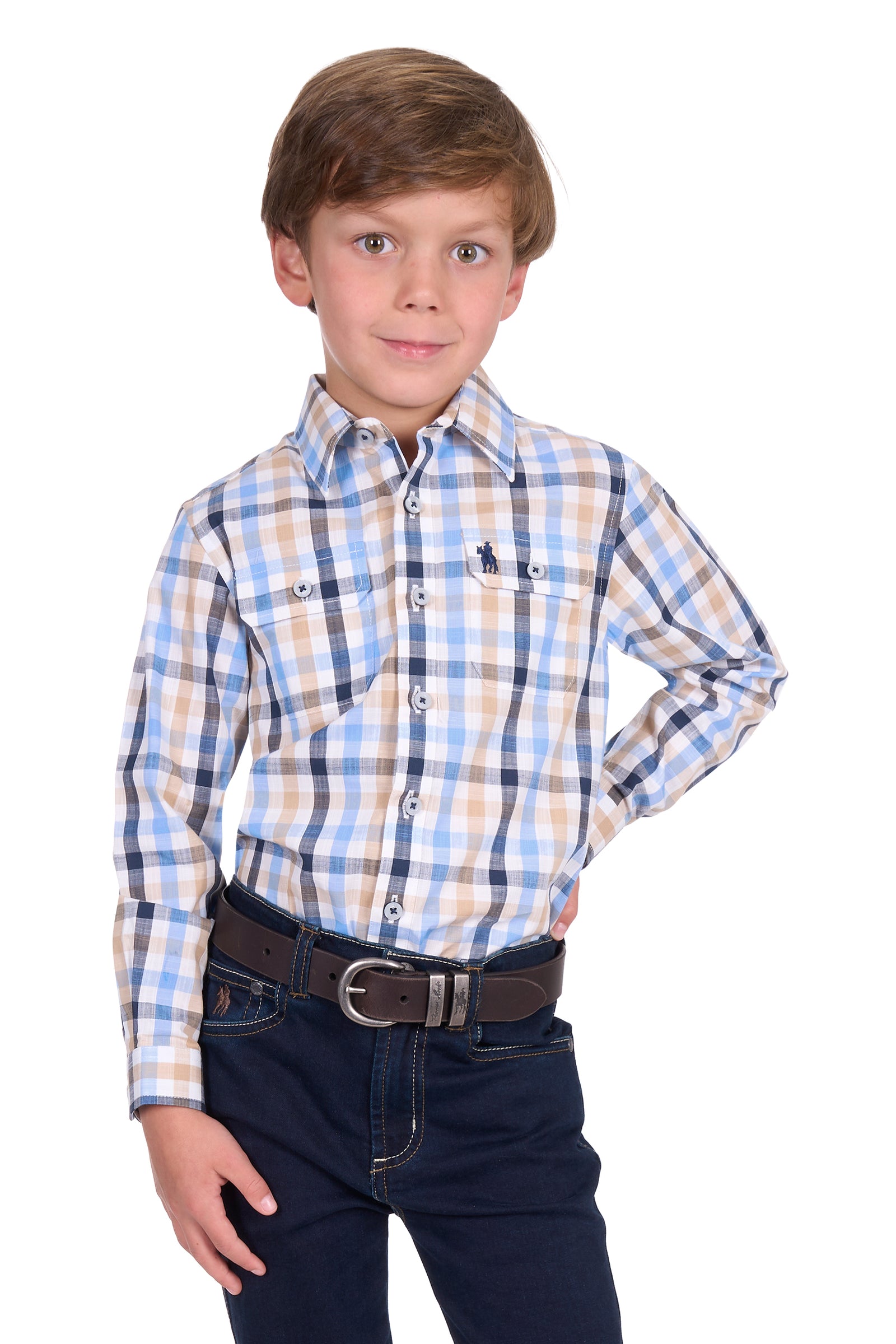Young boy wearing a Thomas Cook Boy's Jesse L/S Western Shirt. Blue and beige checkered shirt with a belt on a white background