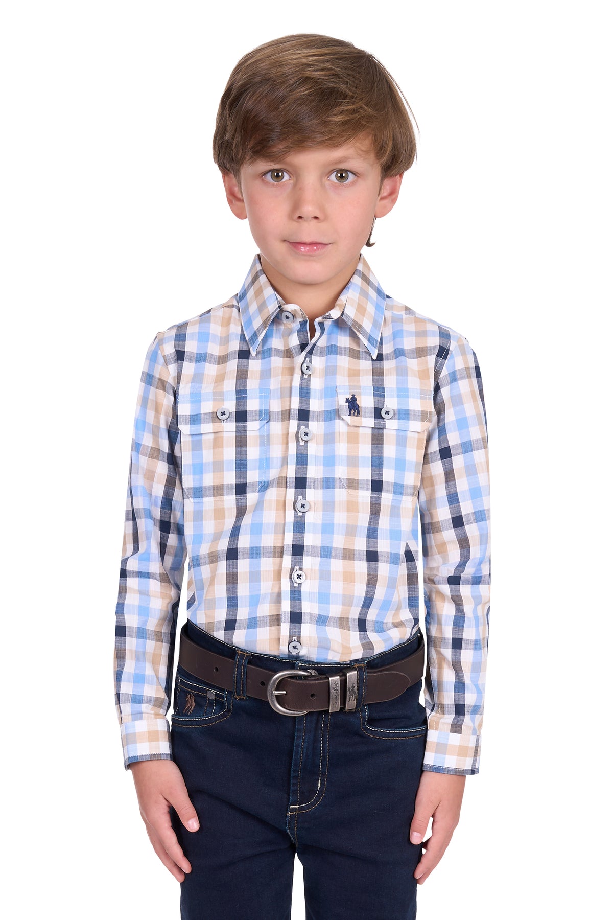 Young boy wearing a Thomas Cook Boy's Jesse L/S Western Shirt. Blue and beige checkered shirt with a belt on a white background