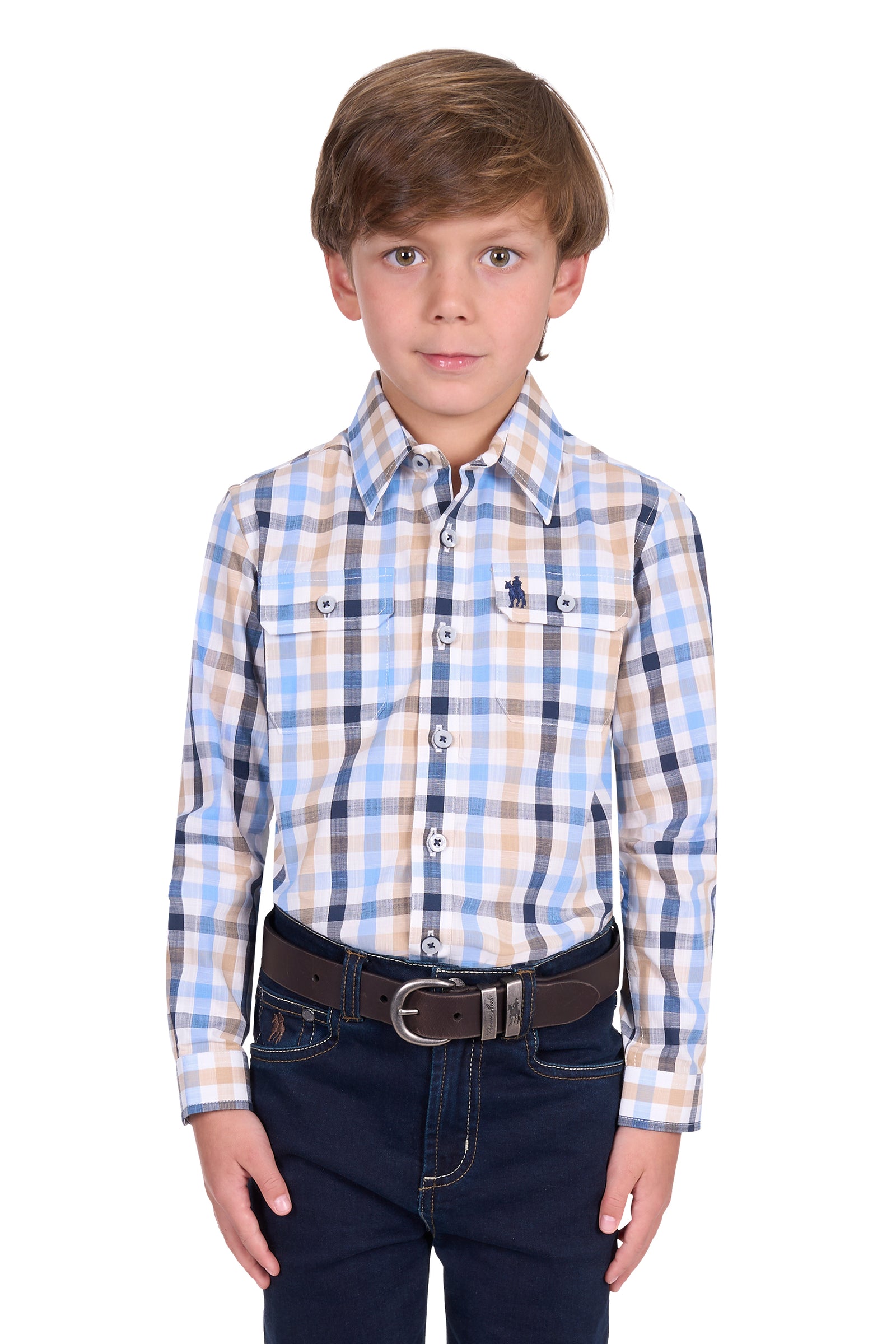 Young boy wearing a Thomas Cook Boy's Jesse L/S Western Shirt. Blue and beige checkered shirt with a belt on a white background