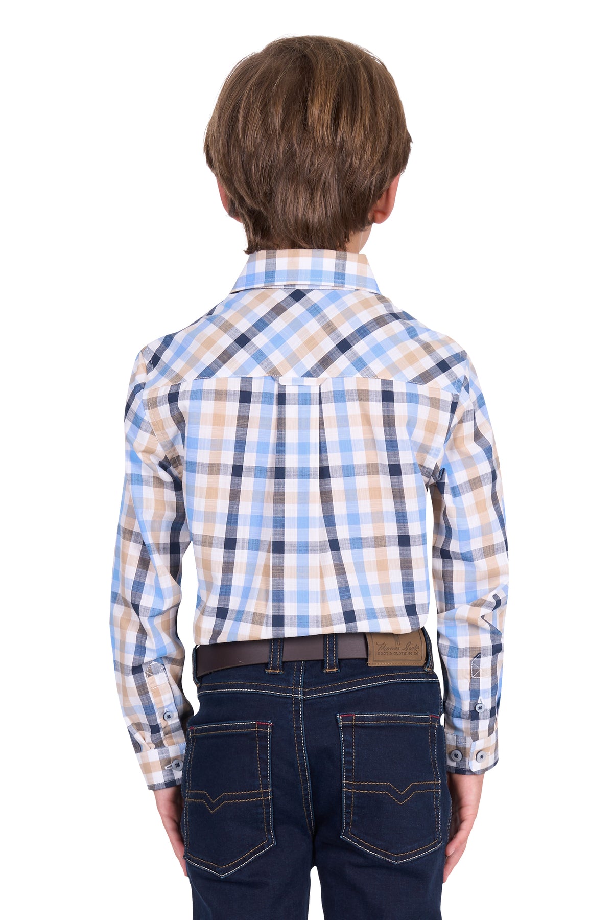 Rear view of a young boy wearing a Thomas Cook Boy's Jesse L/S Western Shirt. Blue and beige checkered shirt with a belt on a white background