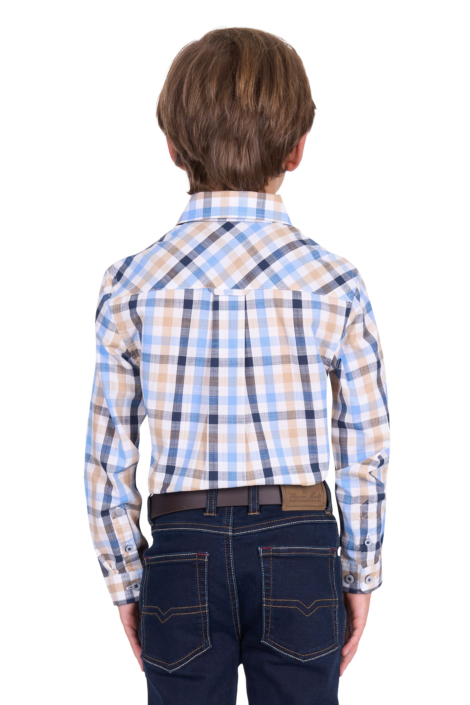 Rear view of a young boy wearing a Thomas Cook Boy's Jesse L/S Western Shirt. Blue and beige checkered shirt with a belt on a white background