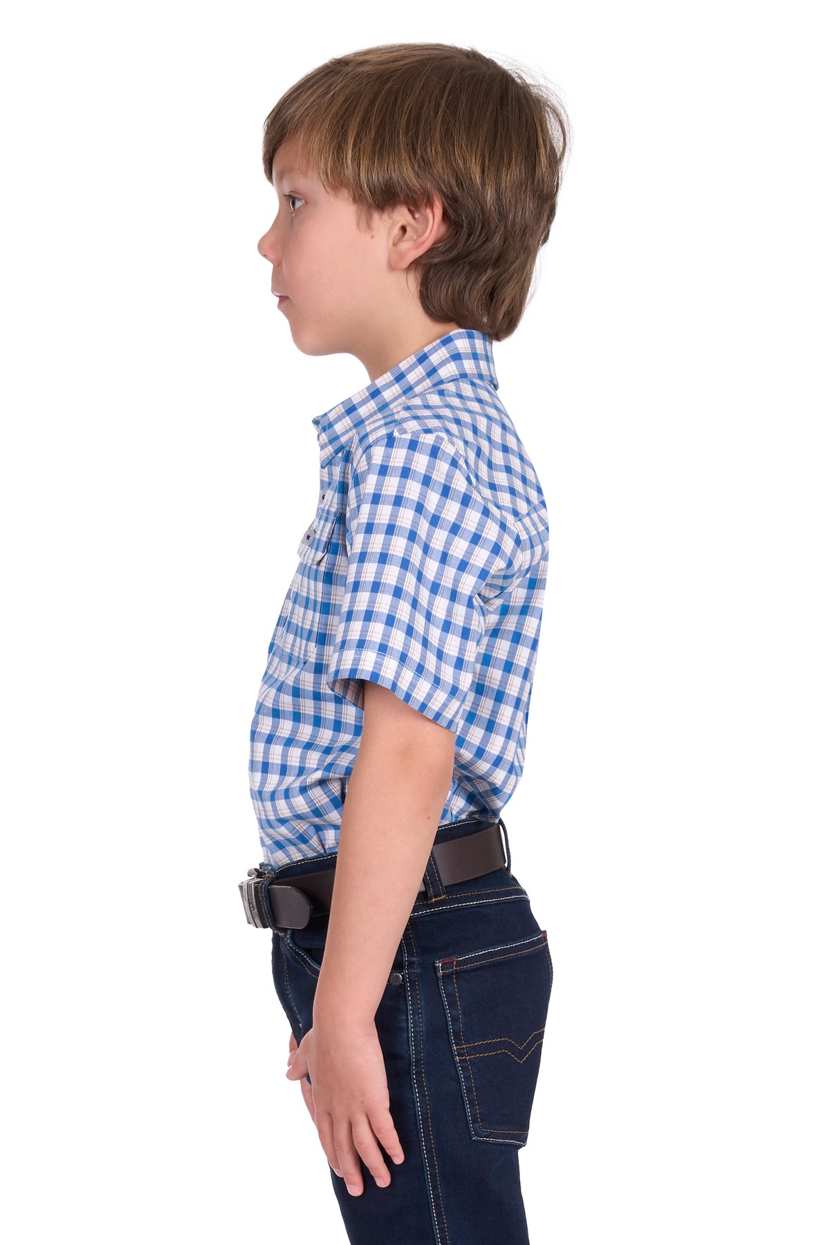 Thomas Cook Boy's Chris S/S Shirt. Child wearing a blue checkered shirt and dark jeans on a white background