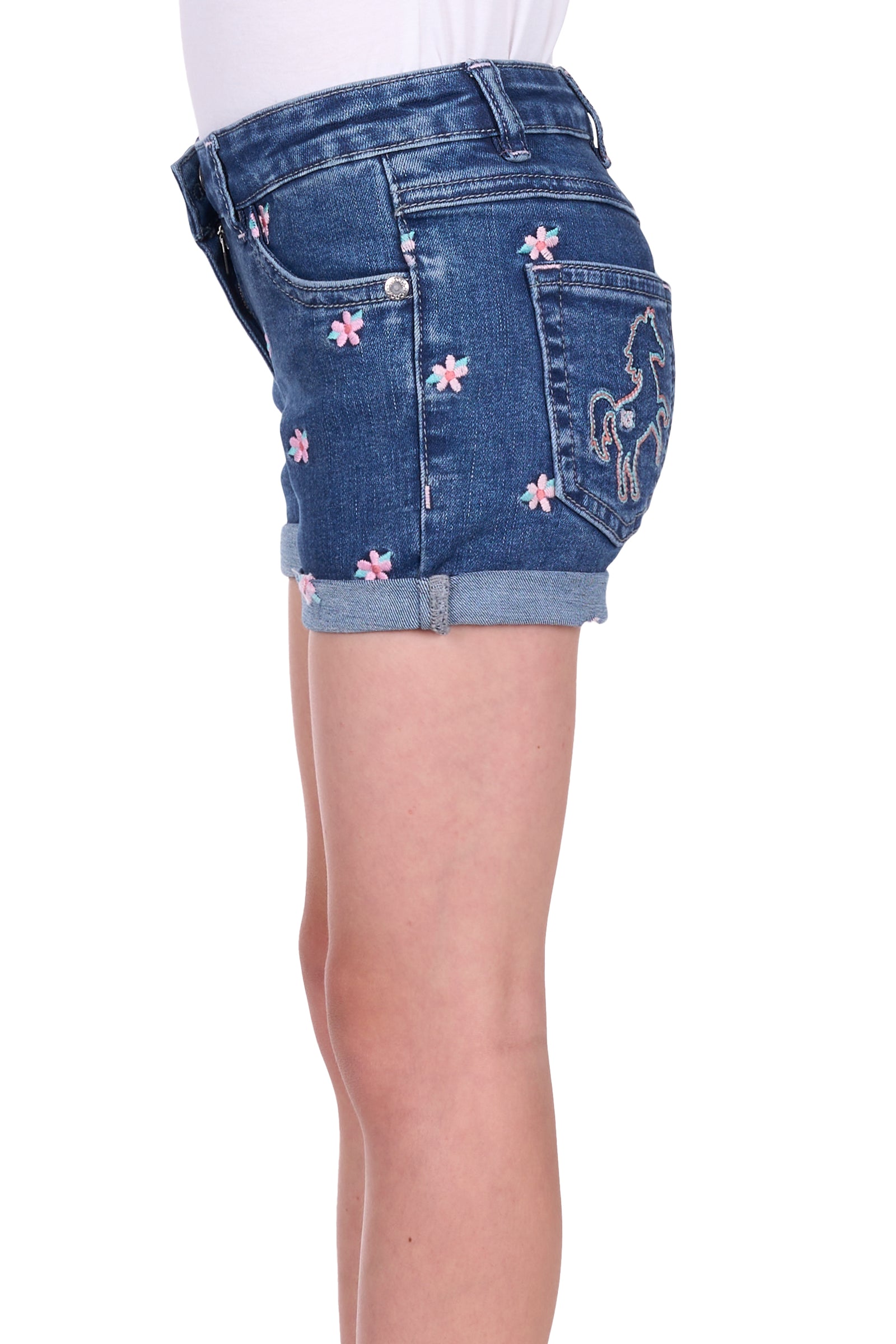 Thomas Cook Girl's Hailey Denim Short. Blue denim shorts with floral embroidery on a white background