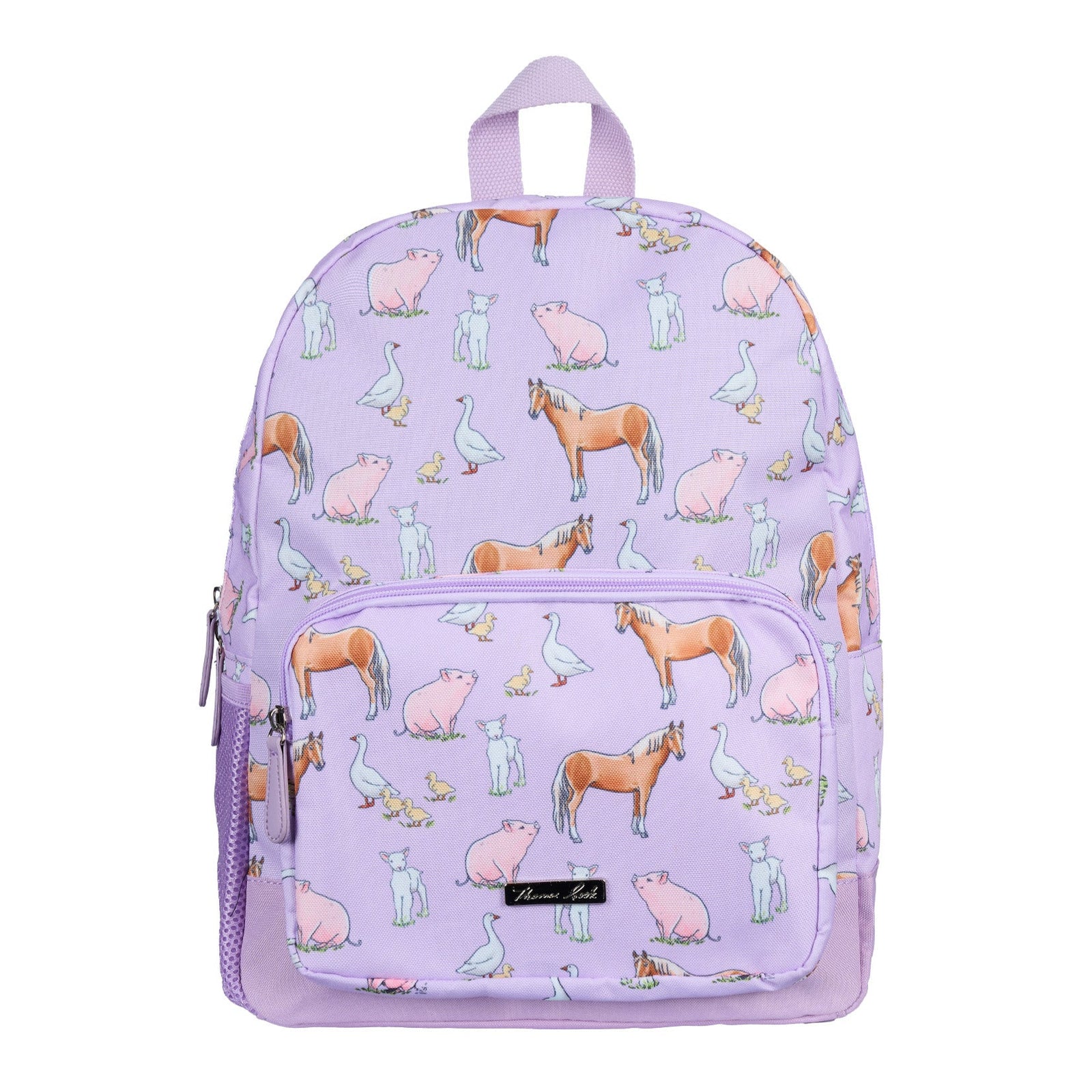 Thomas Cook Layla Backpack. Purple backpack with farm animal pattern on a white background