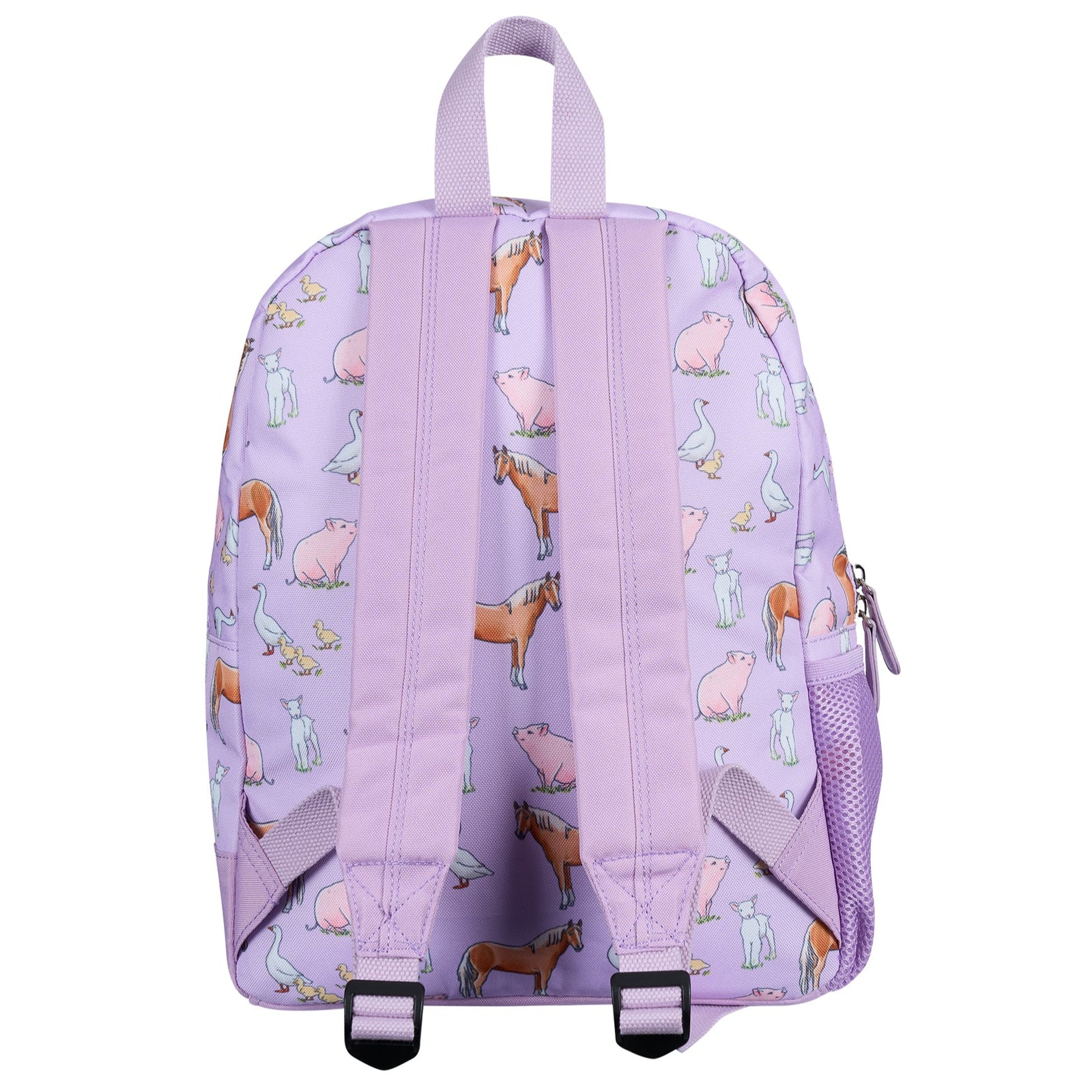 Thomas Cook Layla Backpack. Purple backpack with farm animal pattern on a white background