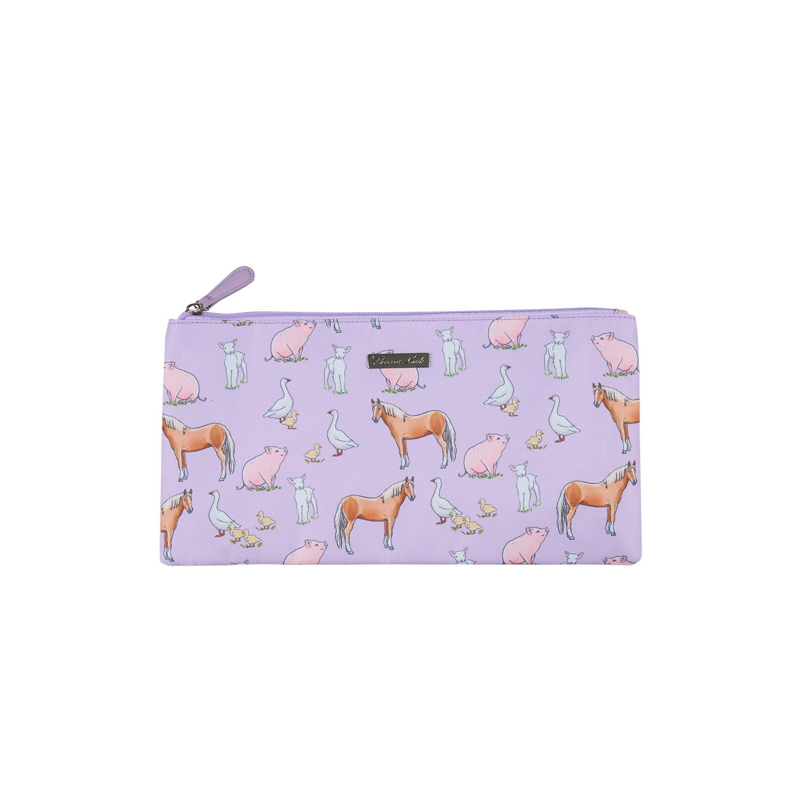 Thomas Cook Girl's Layla Pencil Case. Purple pouch with horse pattern on a white background
