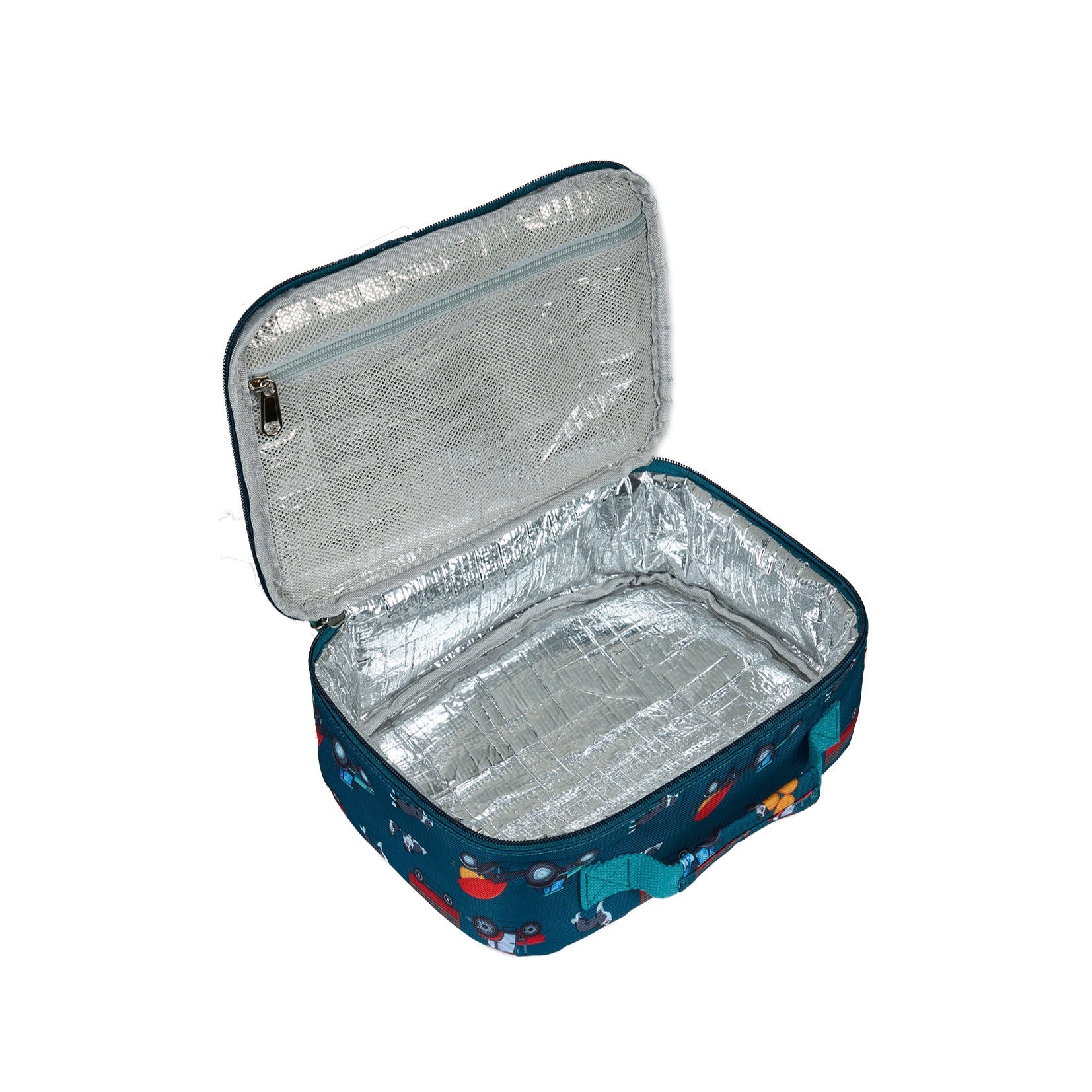 Thomas Cook Boy's Rory Lunch Bag. Blue lunch bag with vehicle pattern on a white background