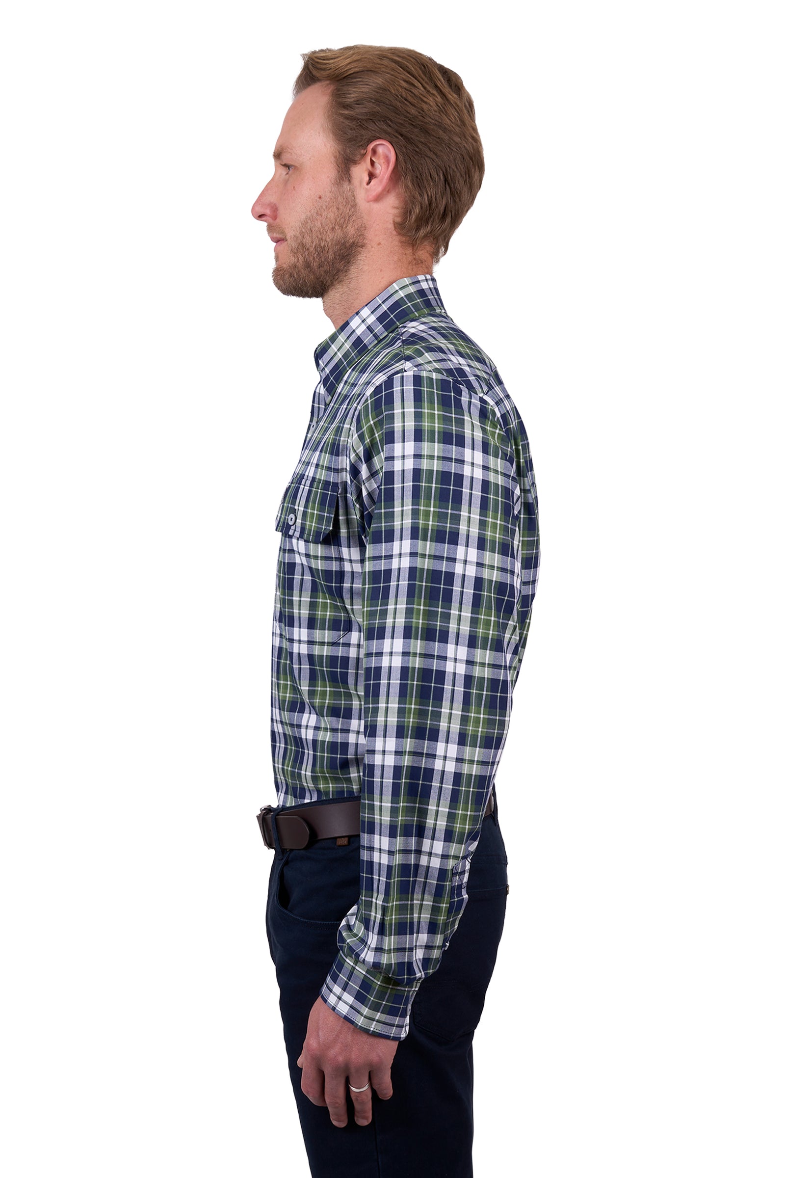 Thomas Cook Men's Shane 2 Pocket L/S Shirt. A man wearing a long-sleeved, checkered, green and blue shirt with two pockets, button-up collar, and button-up front.