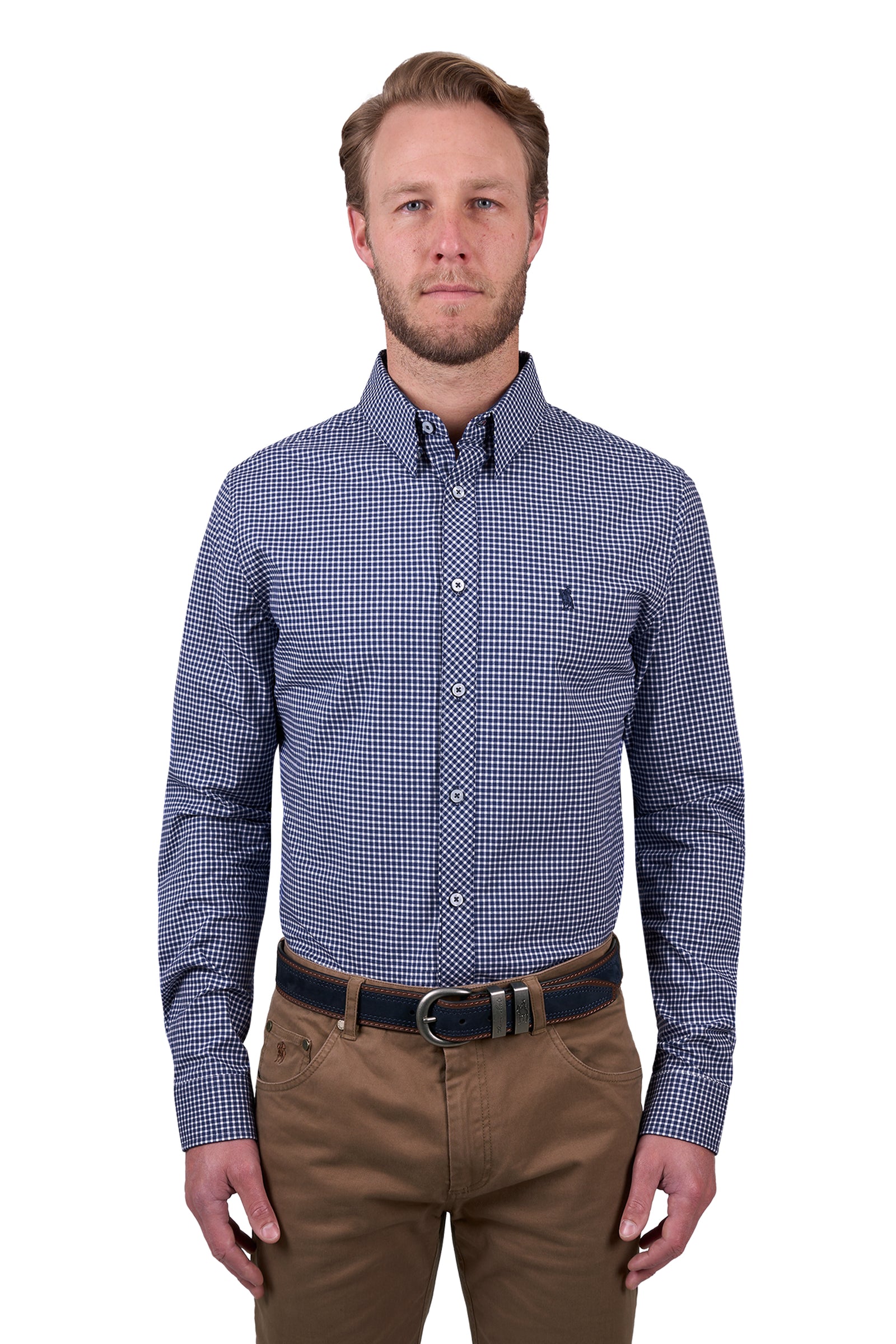 Thomas Cook Men's Brock Tailored L/S Shirt. A man wearing a Thomas Cook Men's Brock Tailored Long Sleeve Shirt in a checkered pattern with the collar visible.