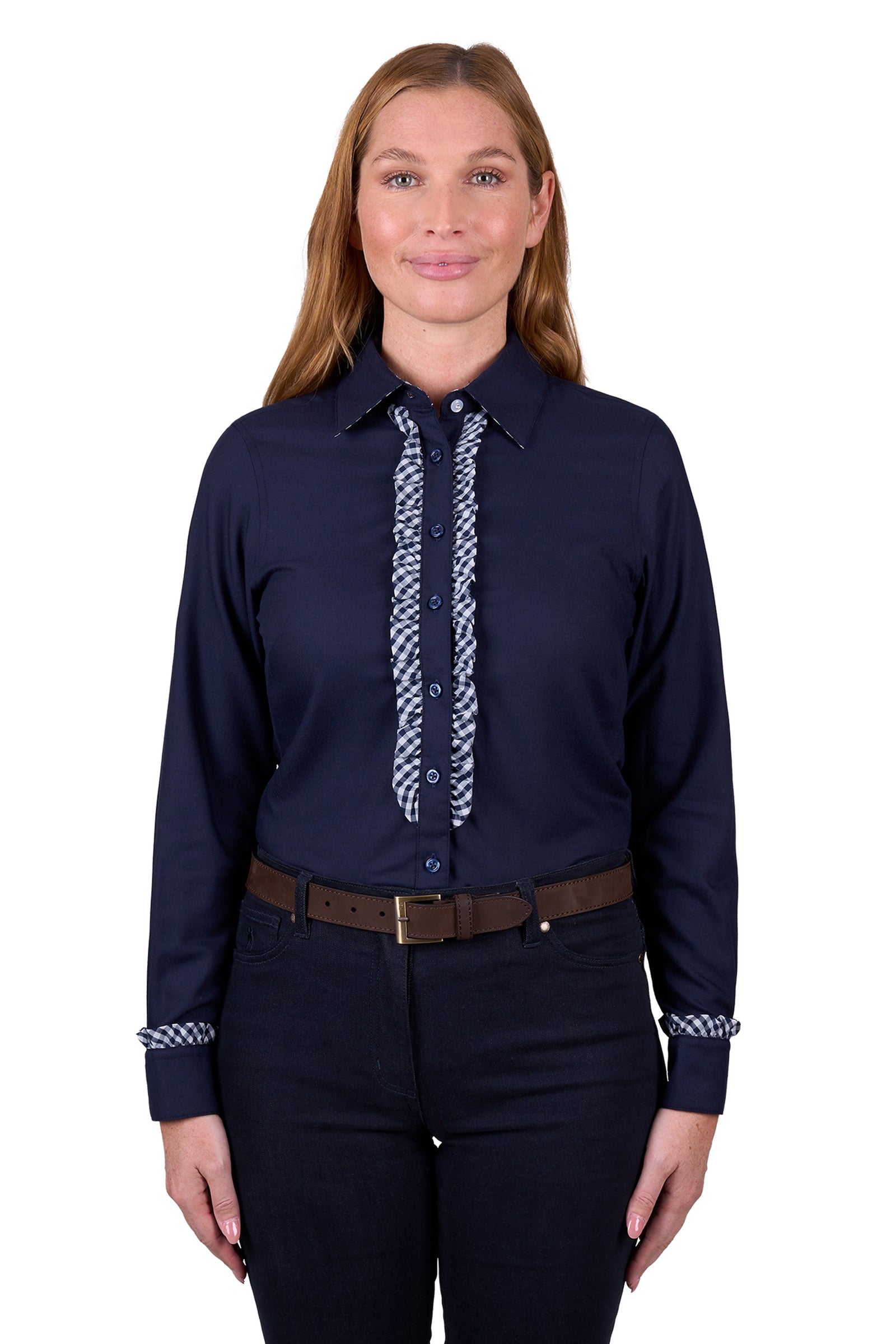 Thomas Cook Women's Ashley L/S Shirt. A woman wearing a long-sleeved navy shirt with a mandarin collar, featuring a gathered frill detail on the top cuffs and a contrast sleeve cuff. The shirt is made of a wool blend fabric.