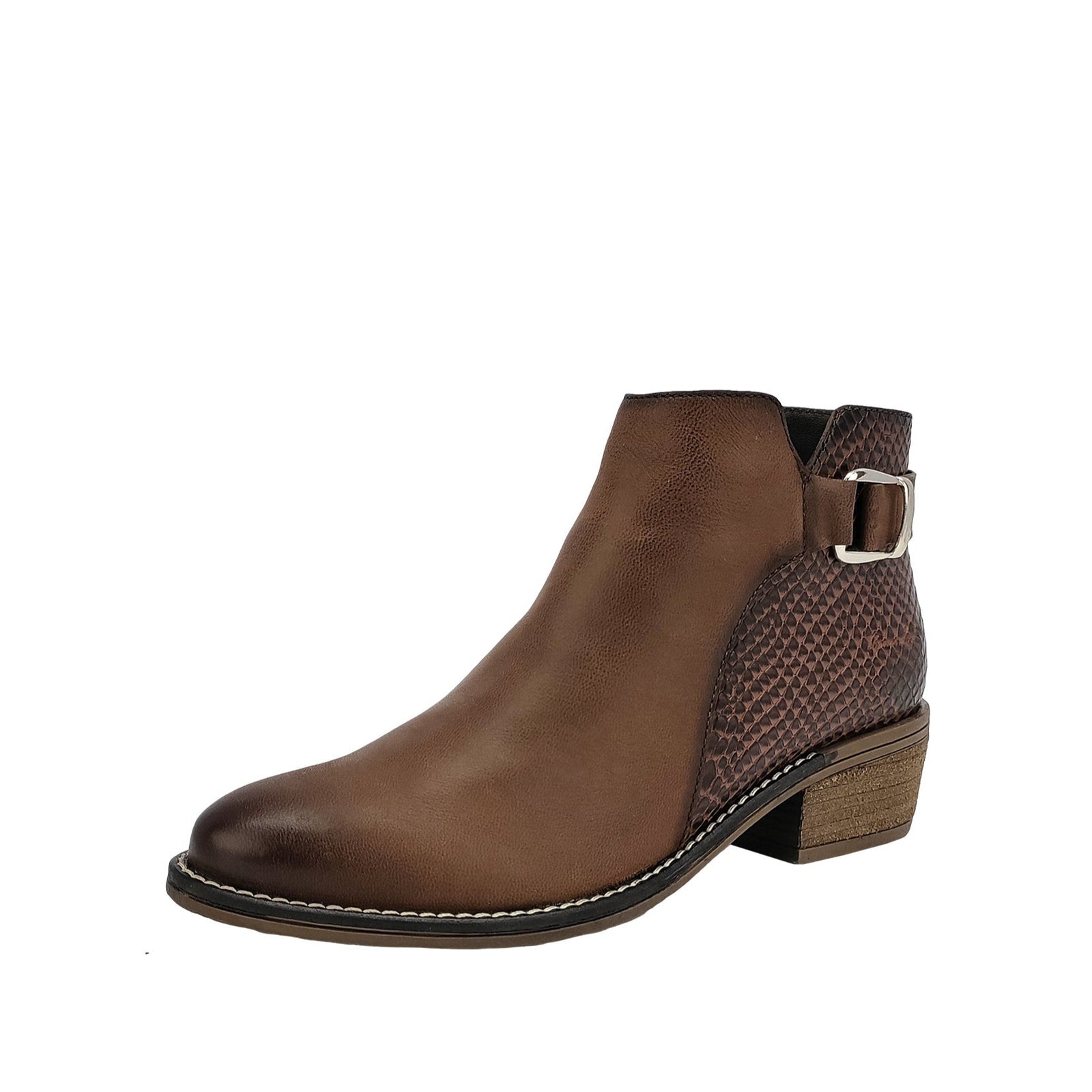 Thomas Cook Women's Bexley Boot. A brown ankle boot with a block heel and side zip, featuring a grained leather upper and a printed snake skin effect on the heel.