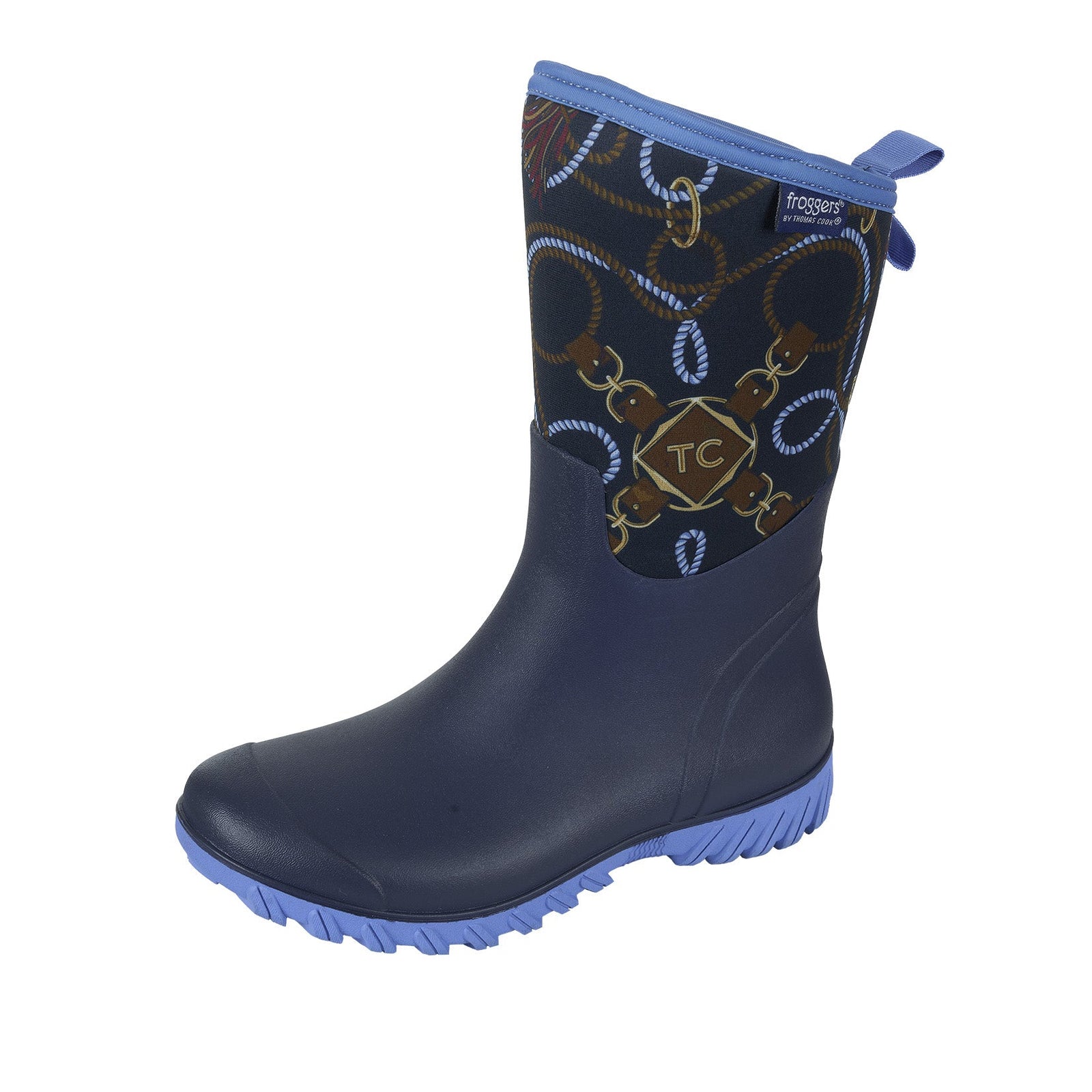 Thomas Cook Women's Froggers. A navy blue women's rain boot with a floral pattern on the upper part and blue trim.