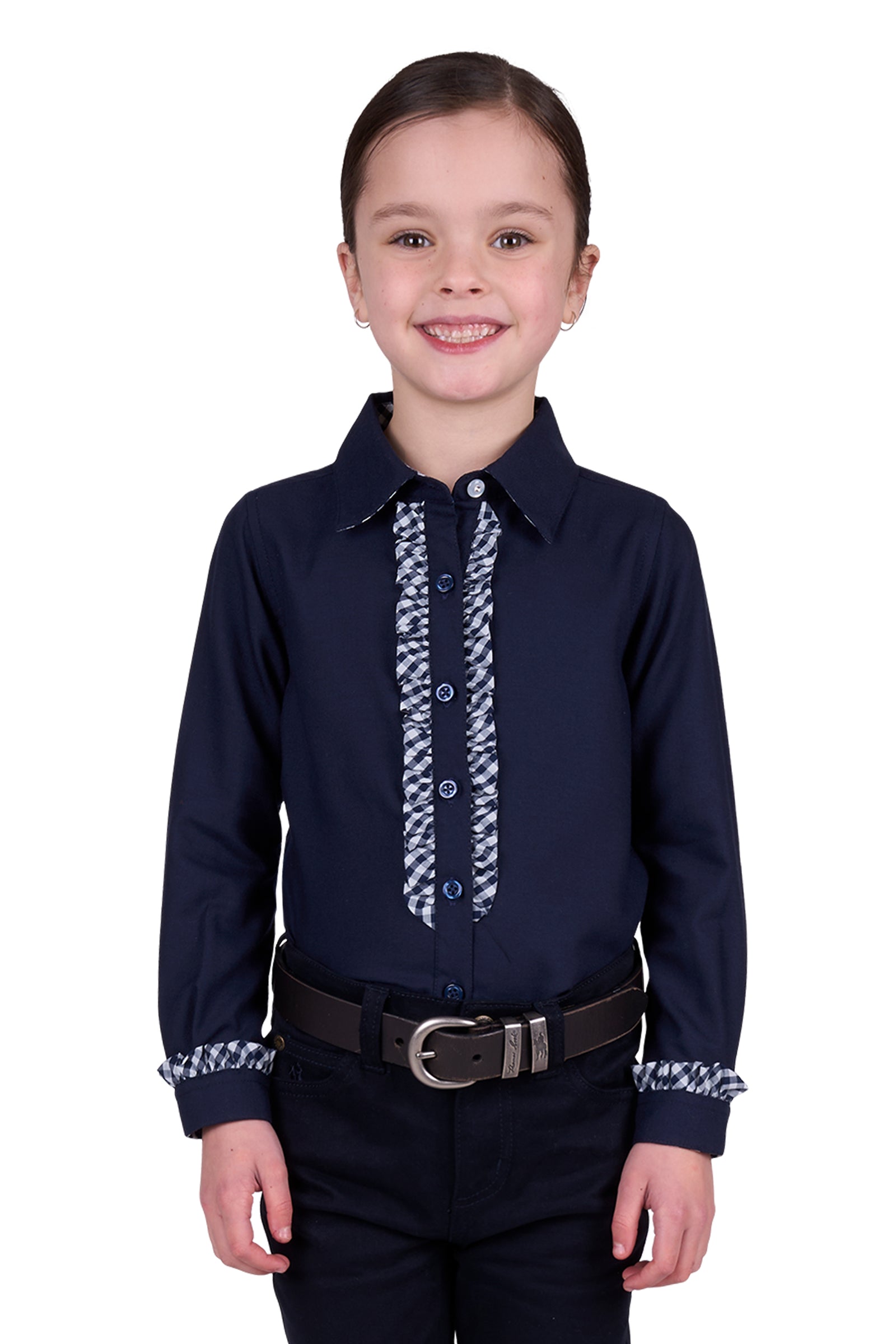 Thomas Cook Girl's Ashley L/S Western Shirt. A girl wearing a long-sleeved navy western style shirt with white horseman embroidery on the hem and contrast sleeve cuffs.