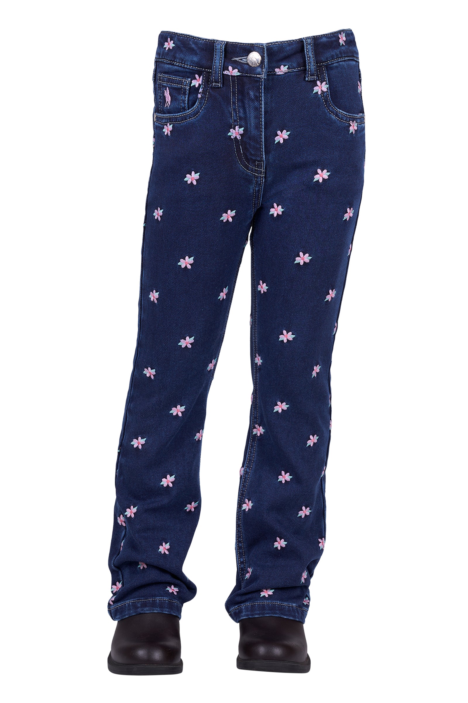 Thomas Cook Girl's Emery Flare Jean. A pair of navy blue flare jeans with floral embroidery, displayed on a model wearing black shoes.