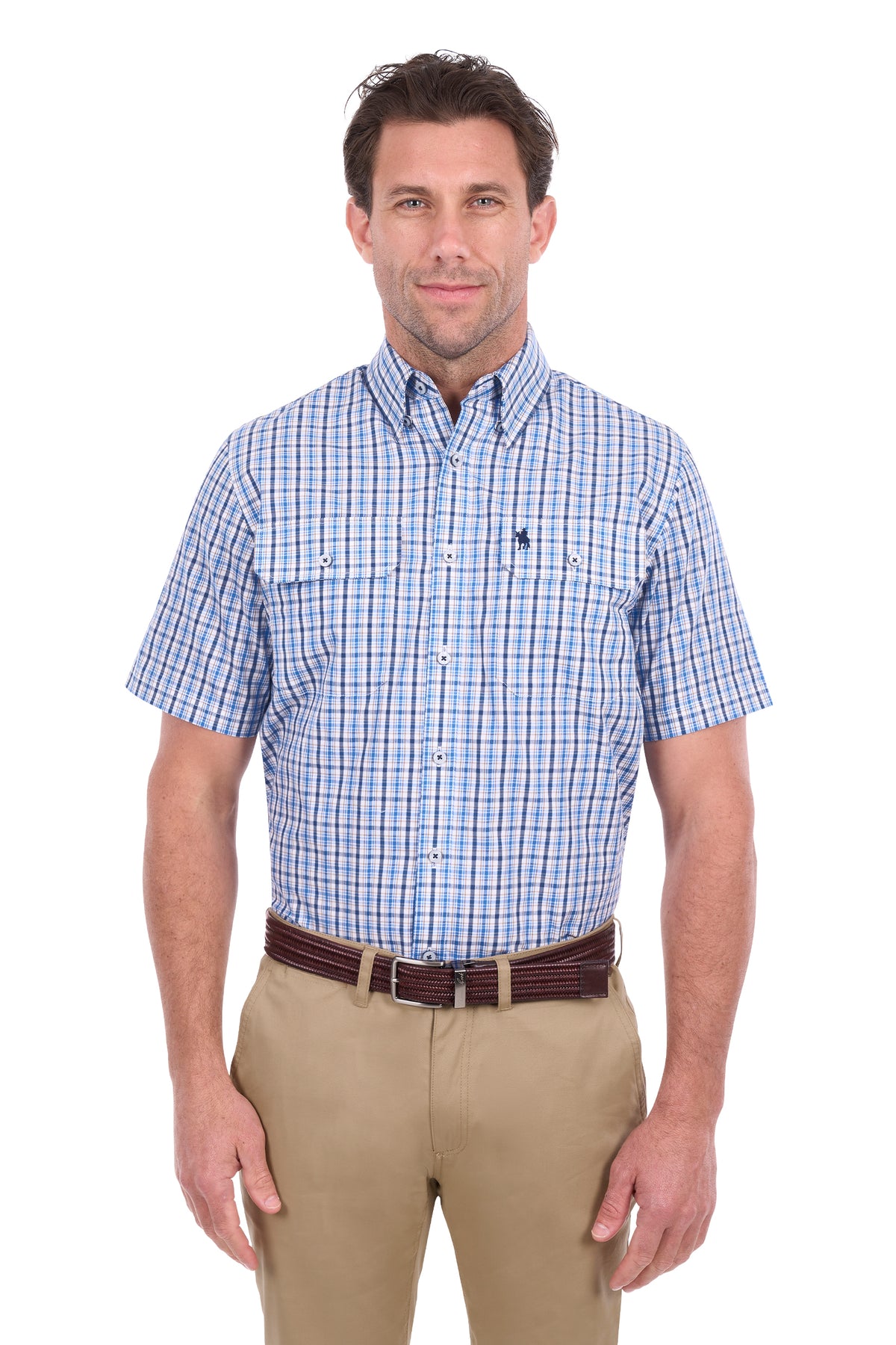 A man wearing a short-sleeve button-down shirt with a blue and white checkered pattern, paired with khaki pants and a brown belt, standing against a white background.