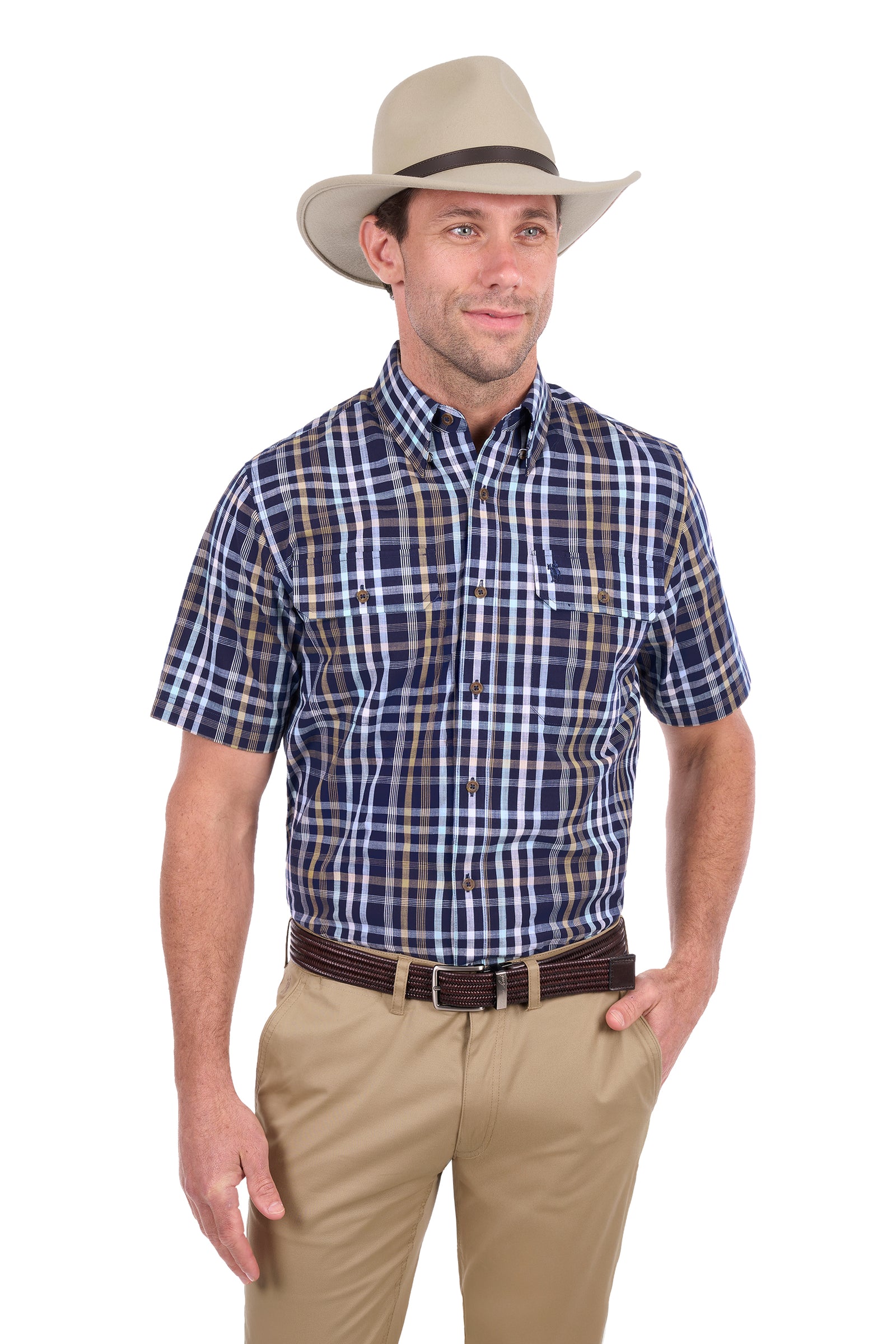 A man wearing a short-sleeve plaid button-down shirt in navy, blue, and white, paired with khaki pants and a beige cowboy hat, against a plain white background.