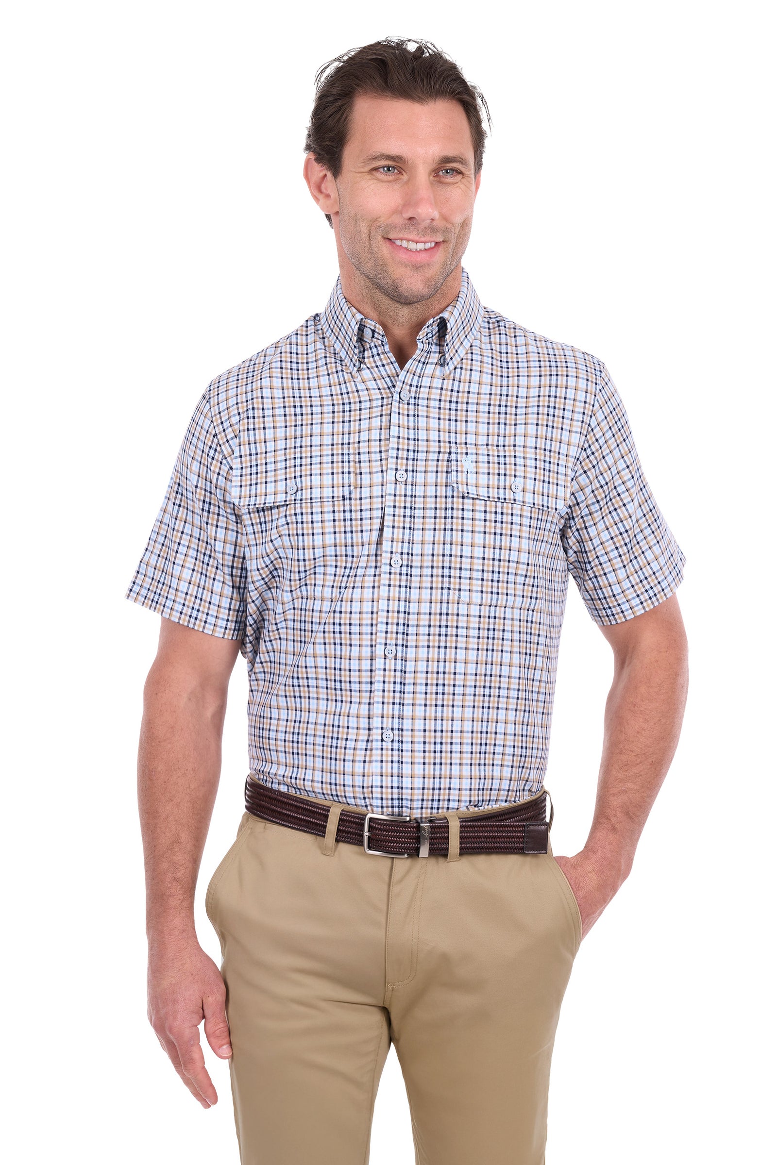 A man wearing a short-sleeve button-down plaid shirt with blue, red, and white lines, paired with khaki pants and a dark brown belt, against a plain white background.