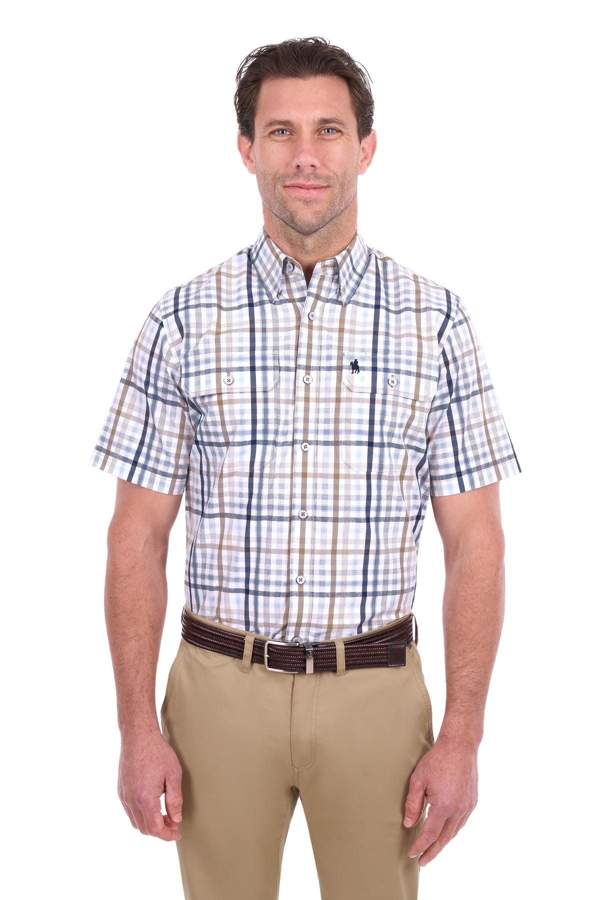 A man wearing a short-sleeve button-down plaid shirt with a blue, white, and tan checkered pattern, paired with khaki pants and a dark brown belt, photographed against a solid white background.