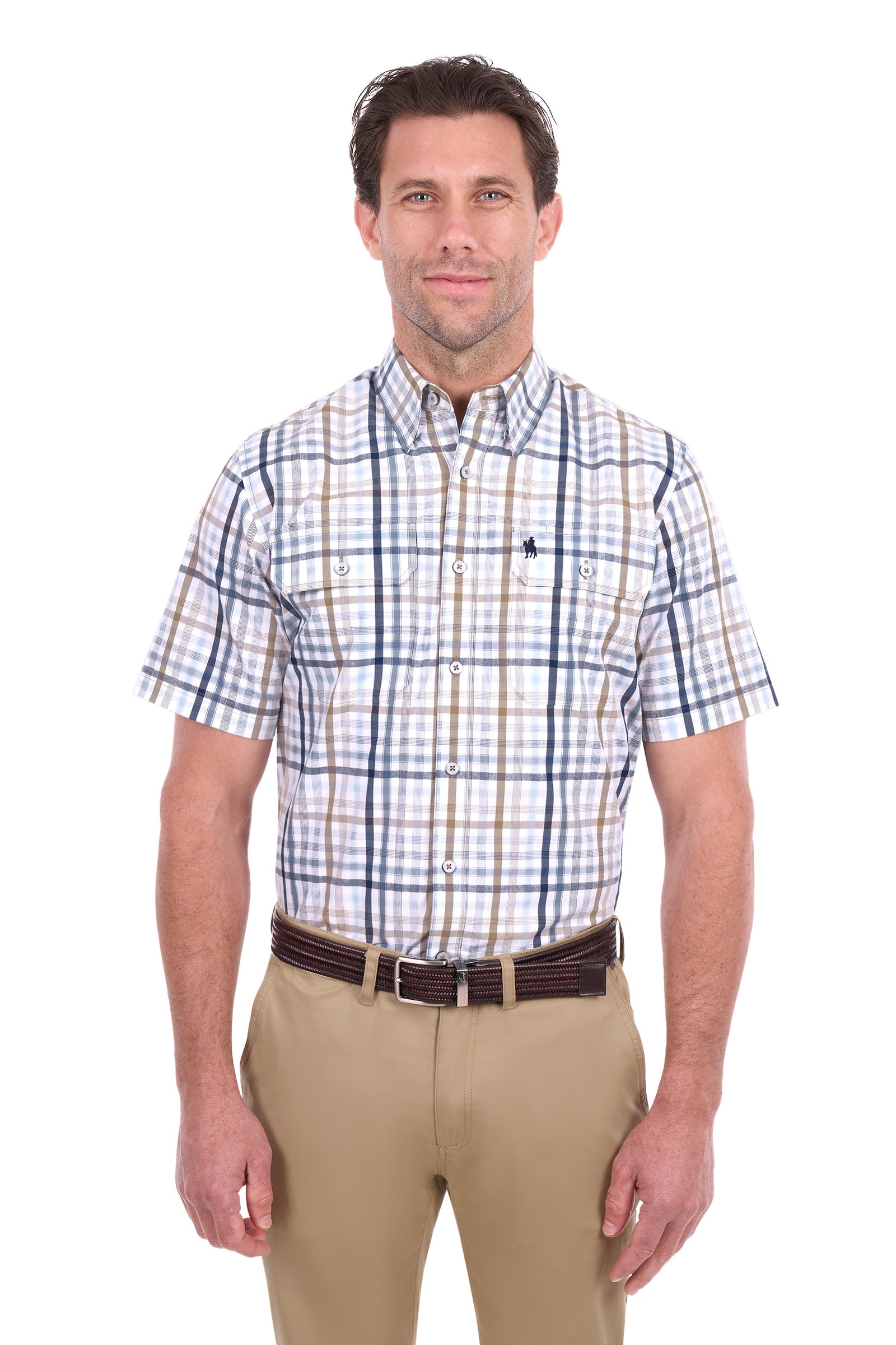 A man wearing a short-sleeve button-down plaid shirt with a blue, white, and tan checkered pattern, paired with khaki pants and a dark brown belt, photographed against a solid white background.