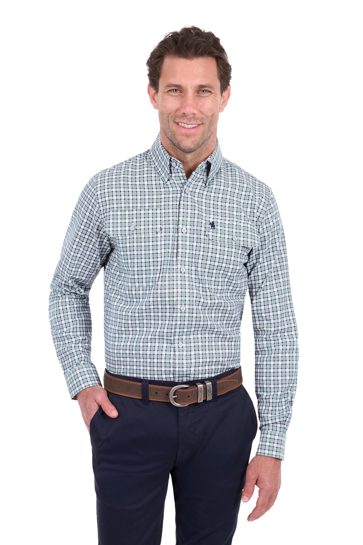 A man modeling a long-sleeve button-down shirt with a blue and white windowpane plaid pattern, paired with dark navy trousers and a brown belt, against a solid white background.