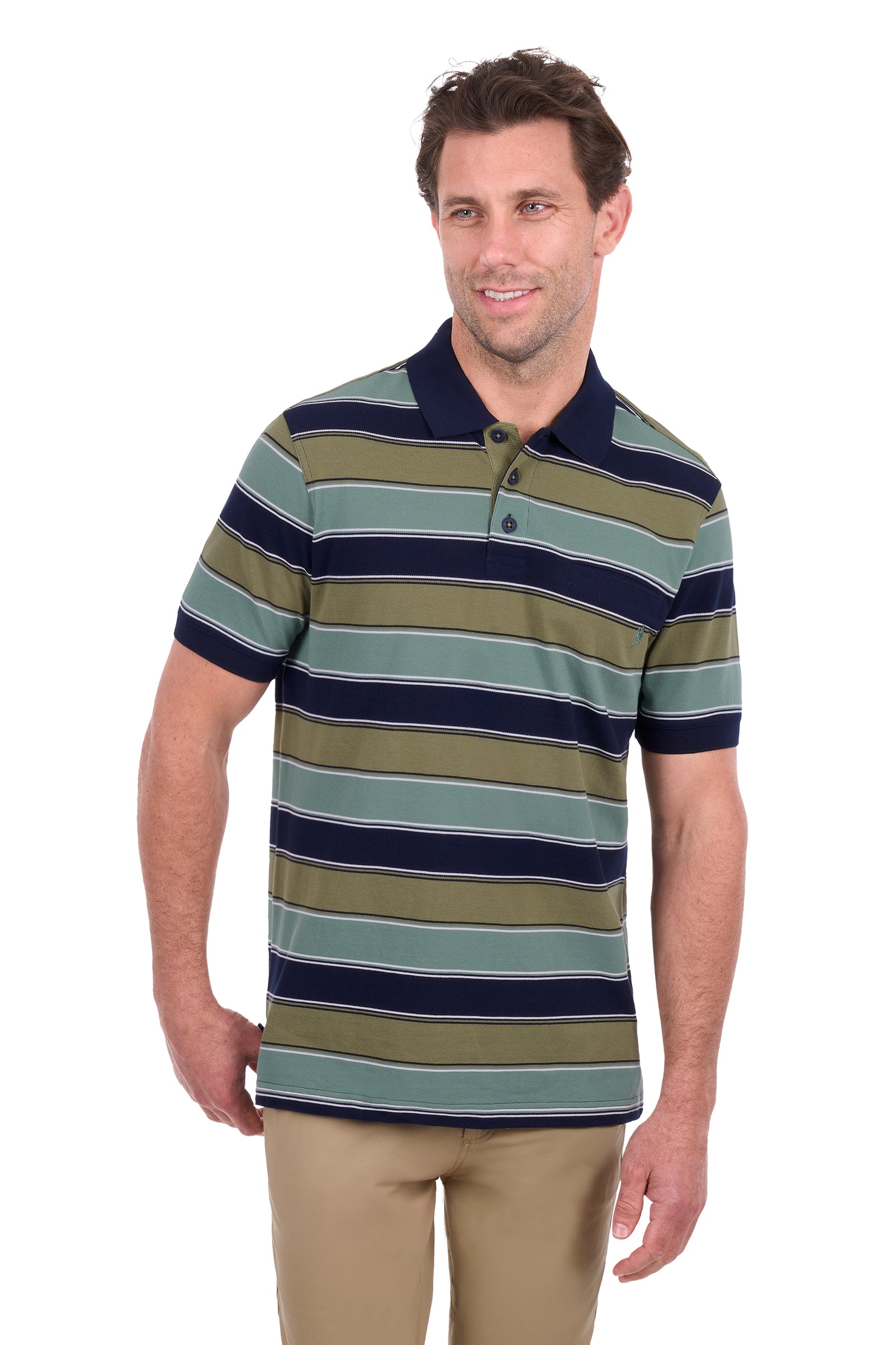 A man wearing a short-sleeve polo shirt with horizontal stripes in navy blue, olive green, and light sage green, paired with khaki pants, against a plain white background.
