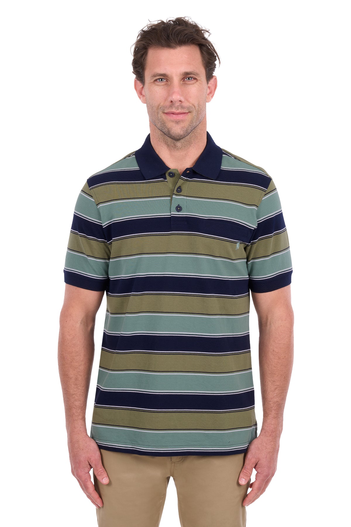 A man wearing a short-sleeve polo shirt with horizontal stripes in navy blue, olive green, and light teal, paired with khaki pants, against a plain white background.
