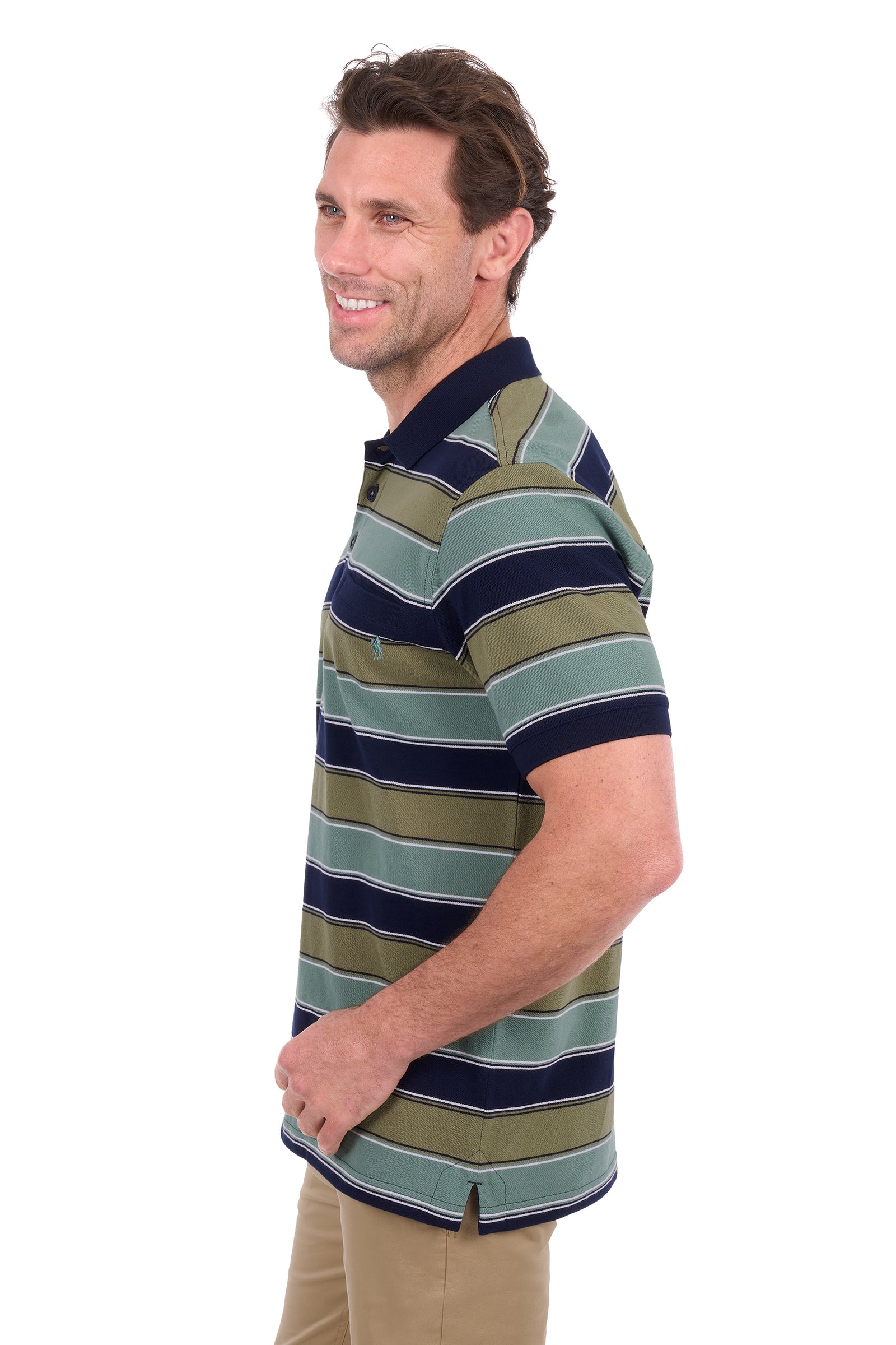 A man wearing a short-sleeve polo shirt with horizontal stripes in navy blue, olive green, and teal, paired with khaki pants, shown from a side profile against a white background.