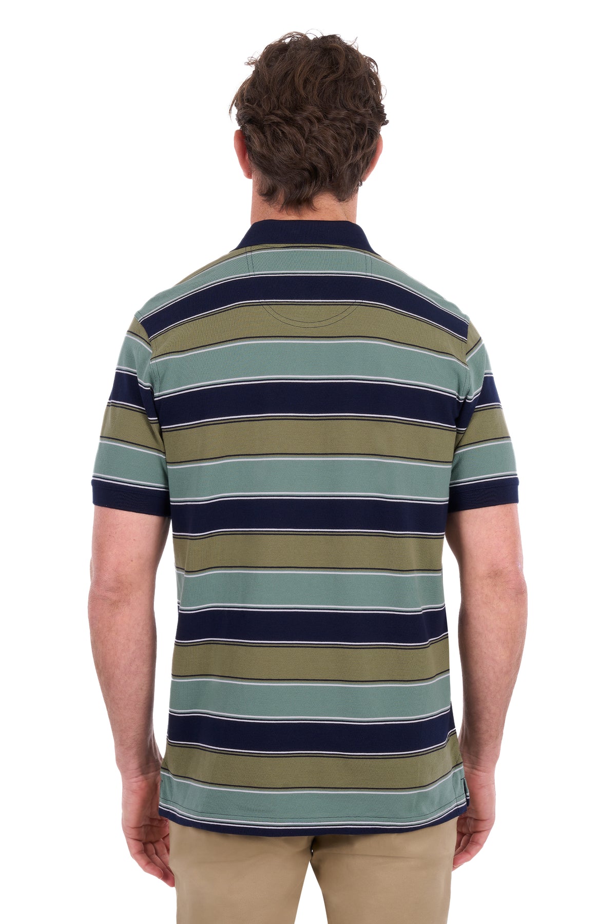A man viewed from the back wearing a short-sleeve polo shirt with horizontal stripes in navy blue, sage green, and olive green, paired with khaki pants against a white background.