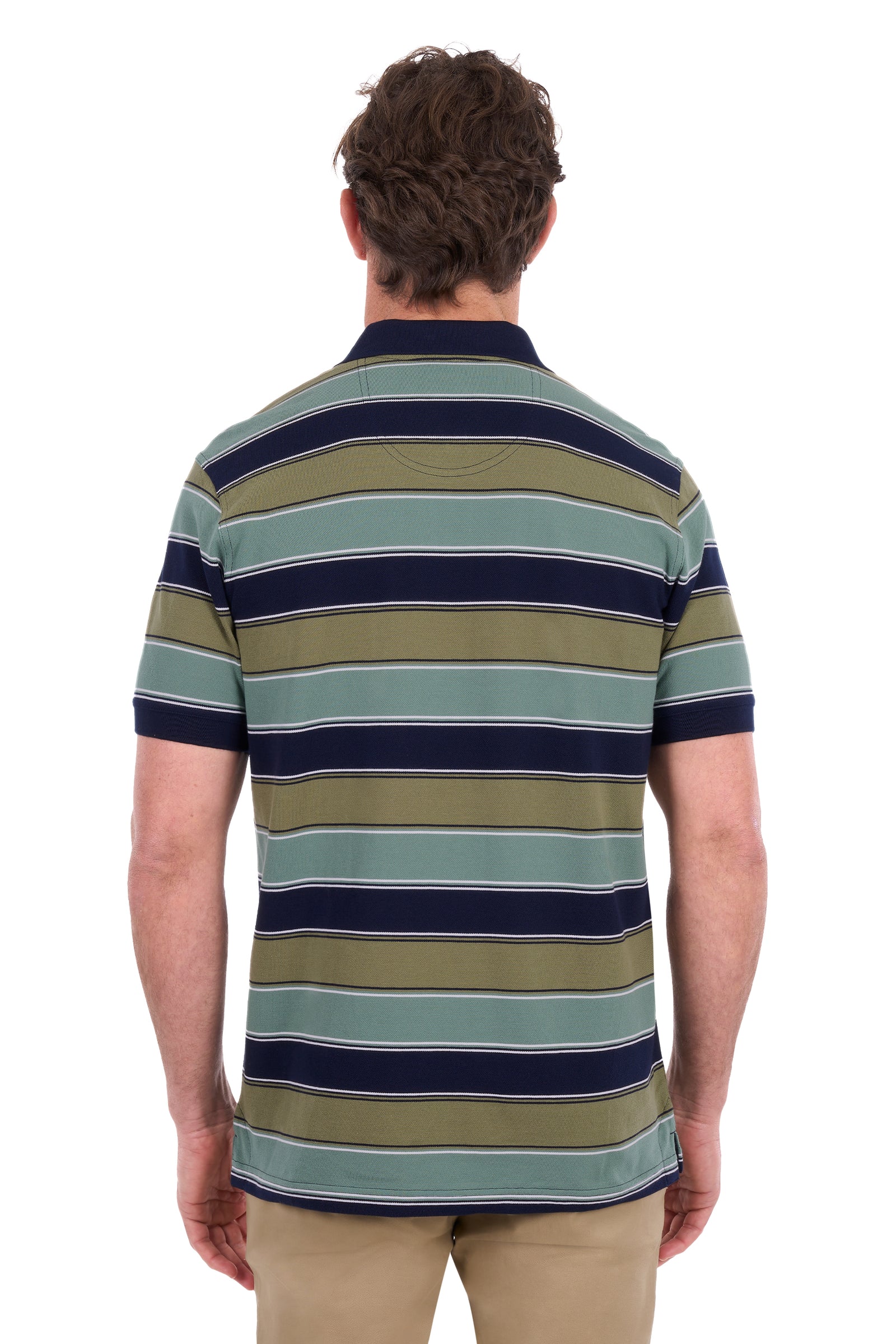 A man viewed from the back wearing a short-sleeve polo shirt with horizontal stripes in navy blue, sage green, and olive green, paired with khaki pants against a white background.
