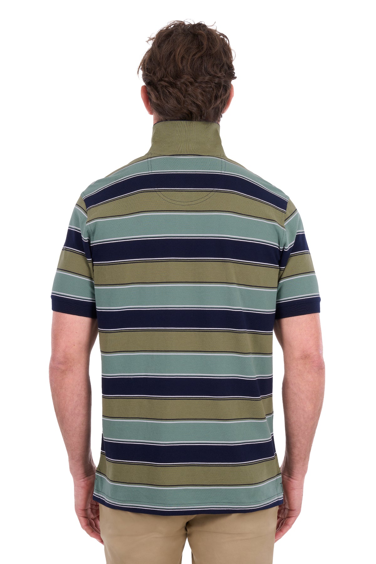 A man viewed from behind wearing a short-sleeve polo shirt with horizontal stripes in olive green, light teal, and navy blue, paired with khaki pants against a white background.