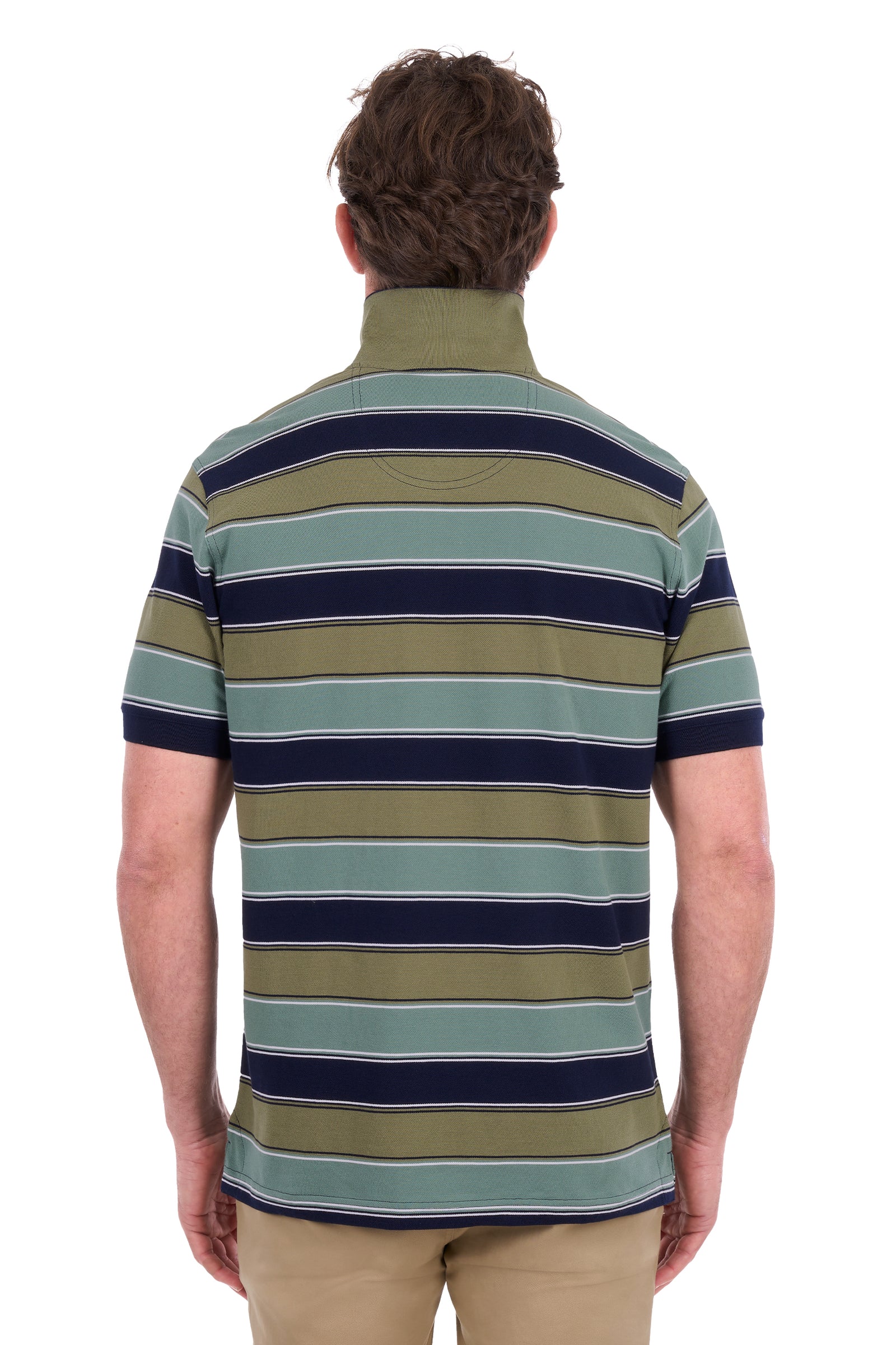A man viewed from behind wearing a short-sleeve polo shirt with horizontal stripes in olive green, light teal, and navy blue, paired with khaki pants against a white background.